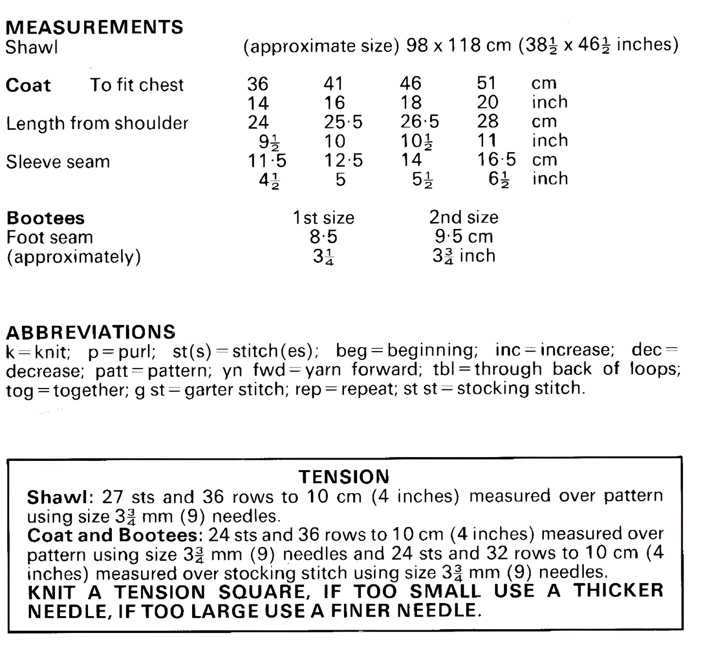 Measurements and tension guide for vintage 1970s baby coat, bootees and shawl knitting pattern in DK