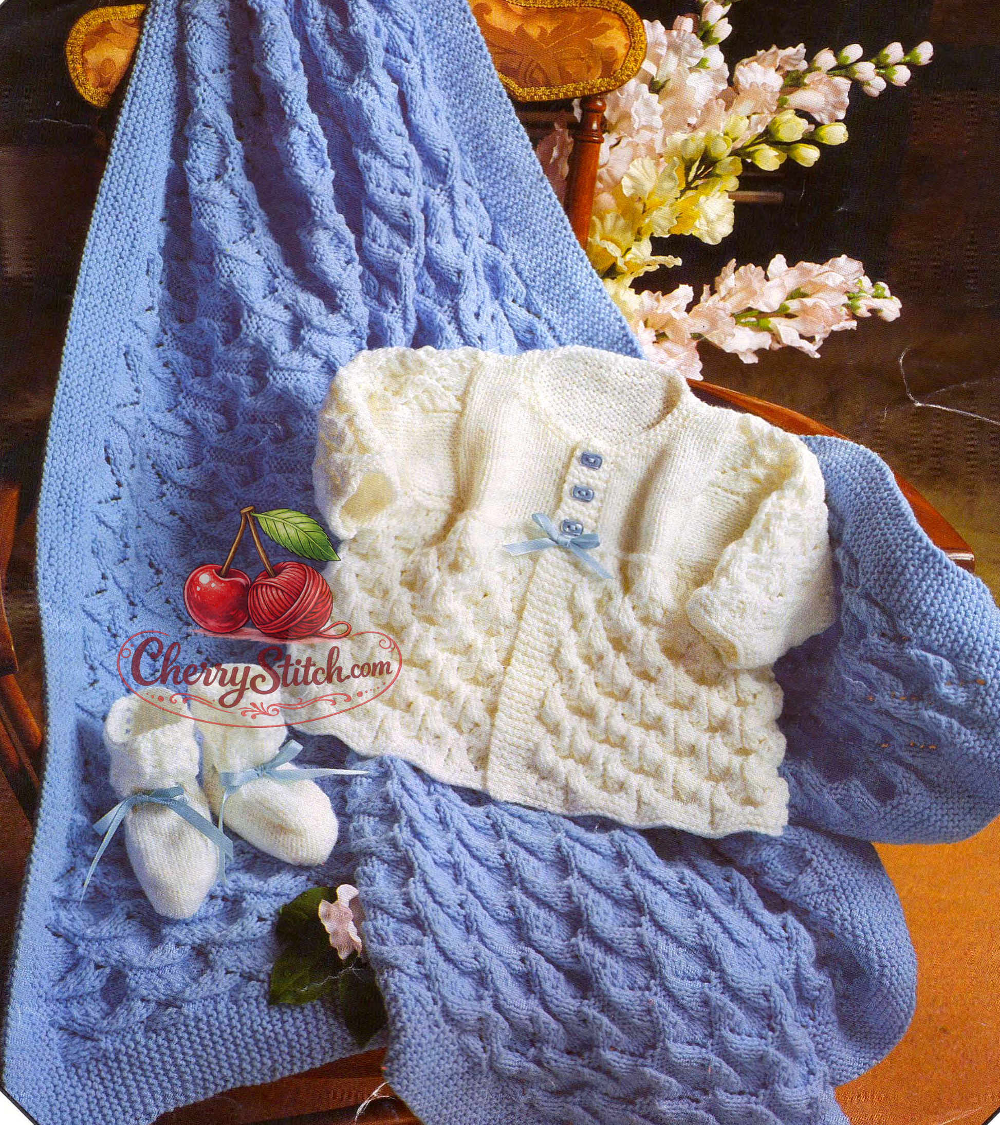Vintage 1970s baby coat, bootees and shawl knitting pattern – textured stitch, DK, 3 sizes, premature to 6 months