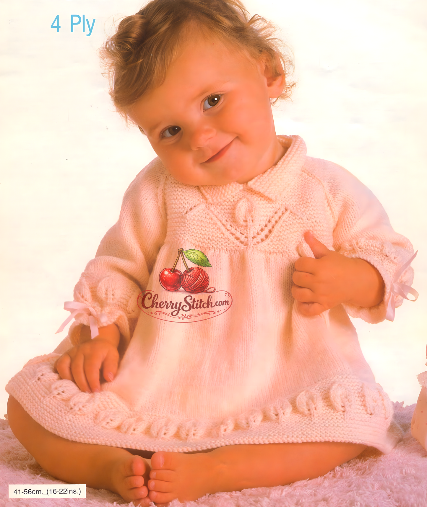 Baby collared dress – restored vintage 1980s knitting pattern, A-line with Peter Pan collar, raglan sleeves, leaf lace skirt border and flower lace chest motif, 4-ply, 16''–22'', 0–3 years