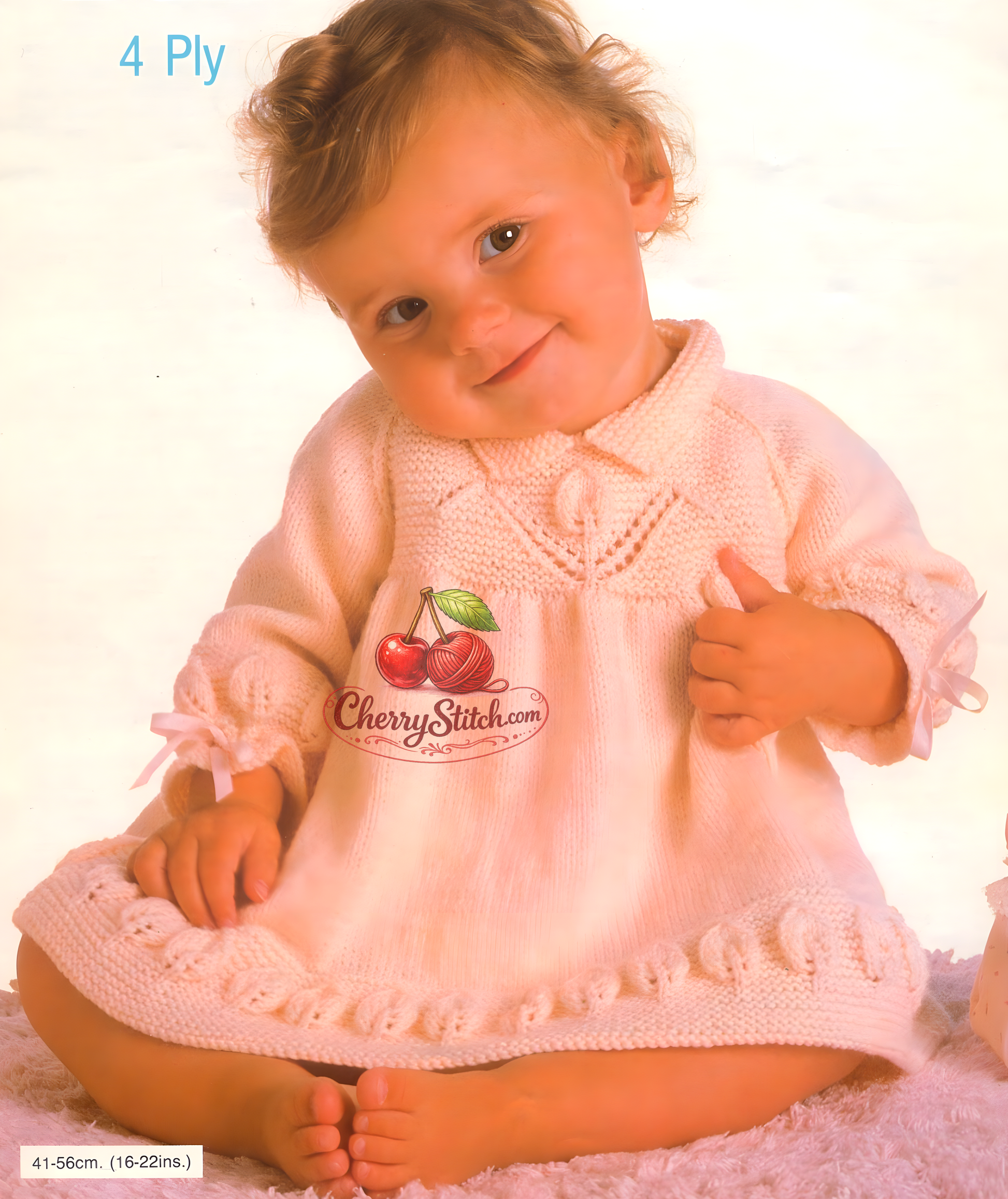 Baby collared dress – restored vintage 1980s knitting pattern, A-line with Peter Pan collar, raglan sleeves, leaf lace skirt border and flower lace chest motif, 4-ply, 16''–22'', 0–3 years