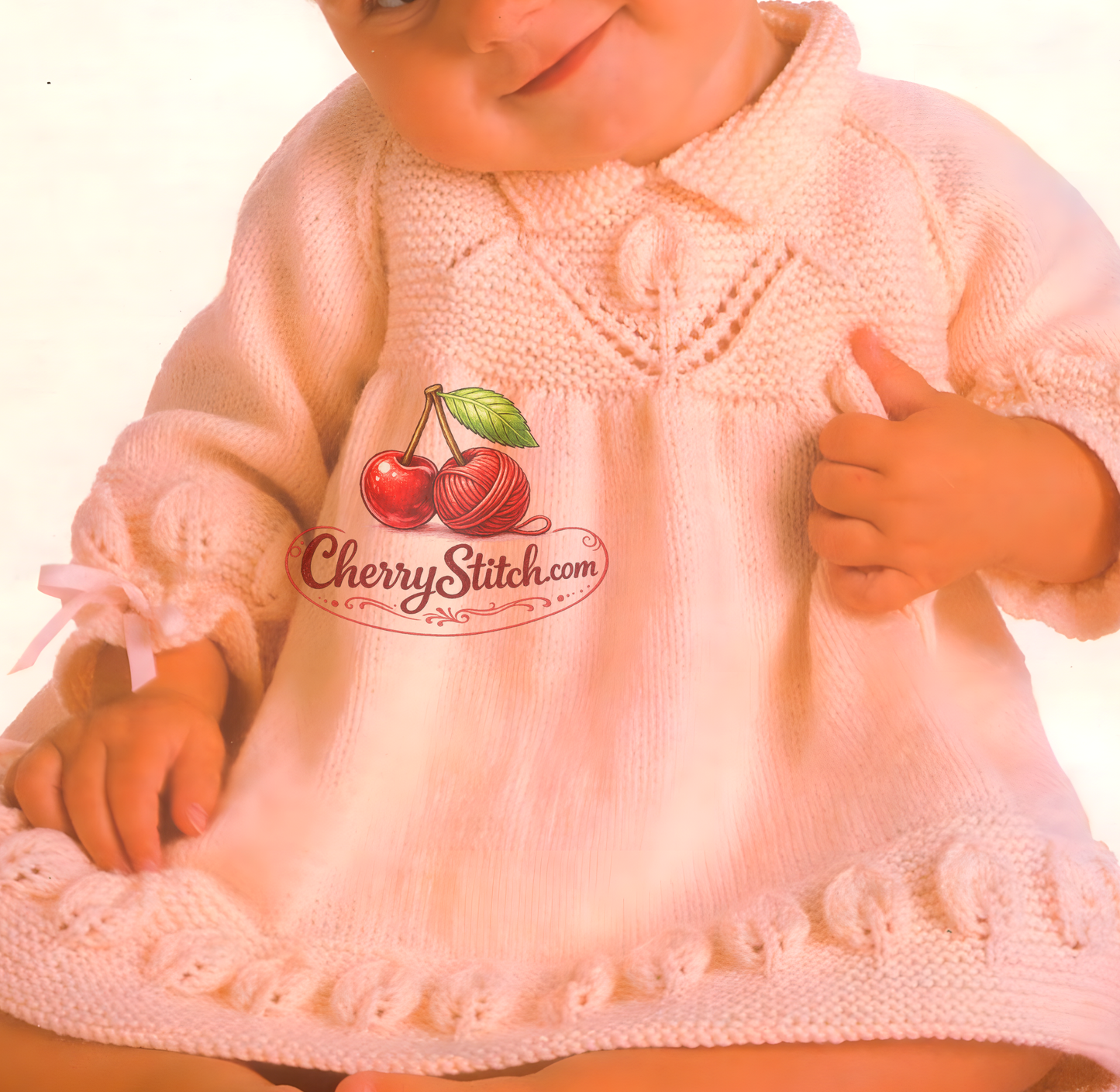 Close-up of Peter Pan collar, leaf lace skirt border and flower leaf lace chest motif – restored vintage 1980s baby A-line dress knitting pattern in 4-ply