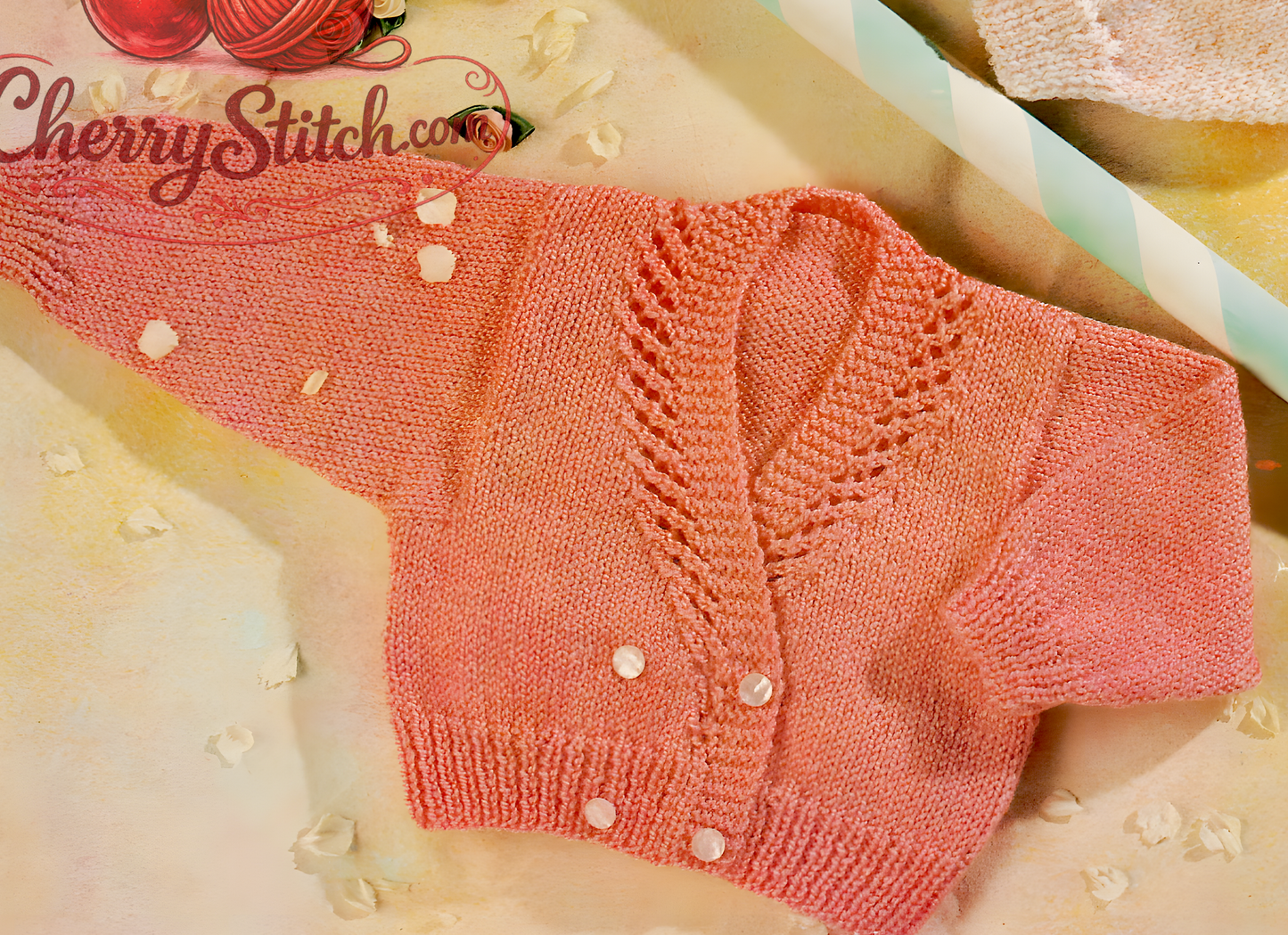 Close-up of baby crossover cardigan eyelet lace neck detail – vintage 1980s knitting pattern DK