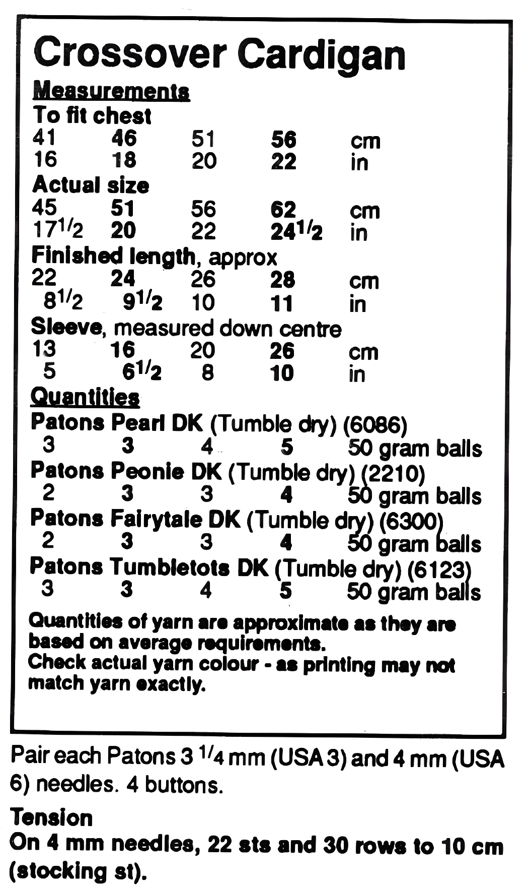 Materials and measurements for baby crossover cardigan vintage 1980s knitting pattern – DK, birth to 2 years