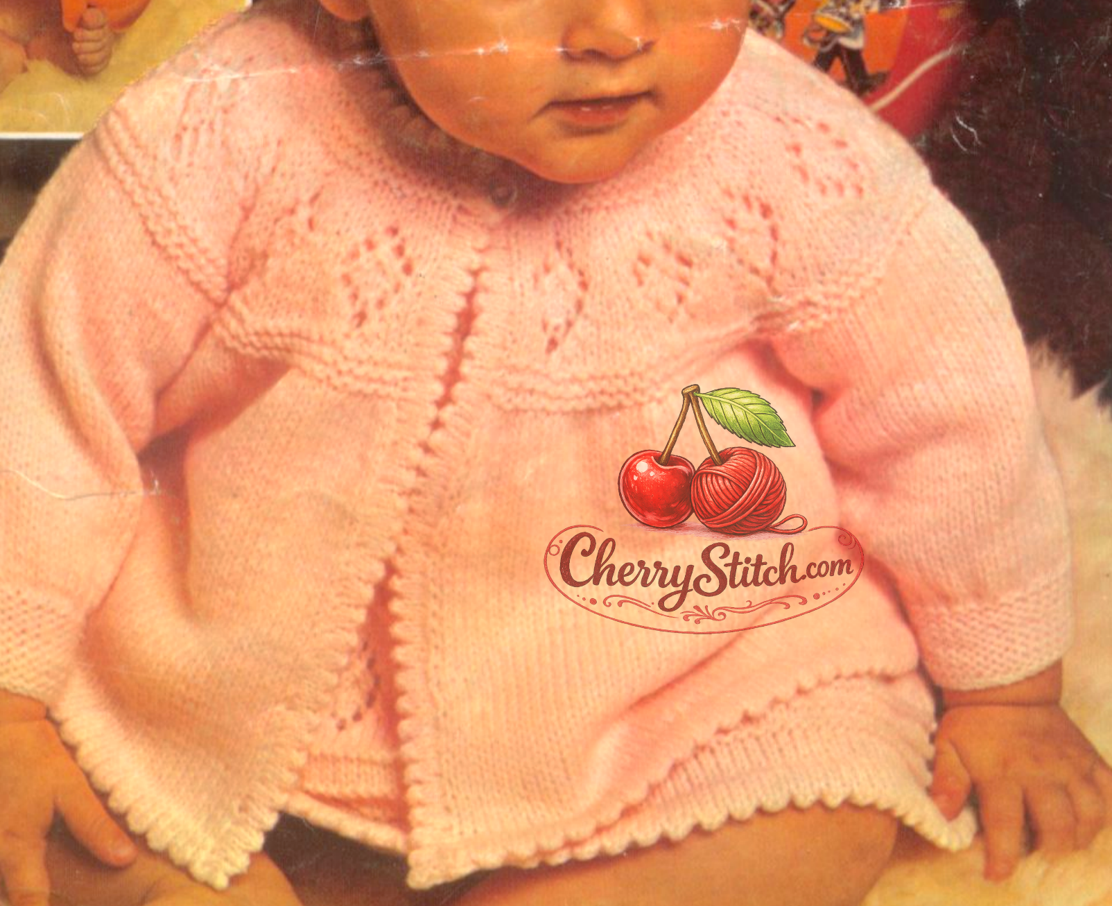 Close-up of baby matinee coat diamond lace yoke – vintage 1970s dress and coat knitting pattern DK