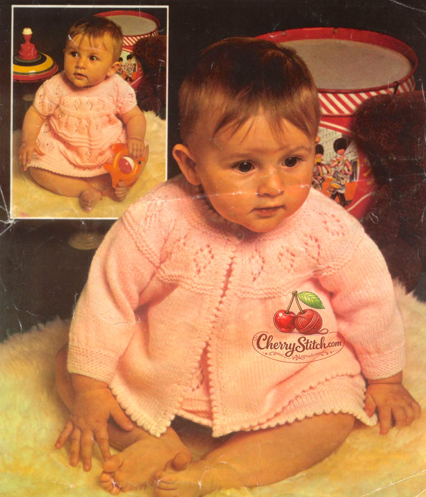 Baby dress and matinee coat vintage knitting pattern 1970s – diamond lace yoke flared skirt matching set DK