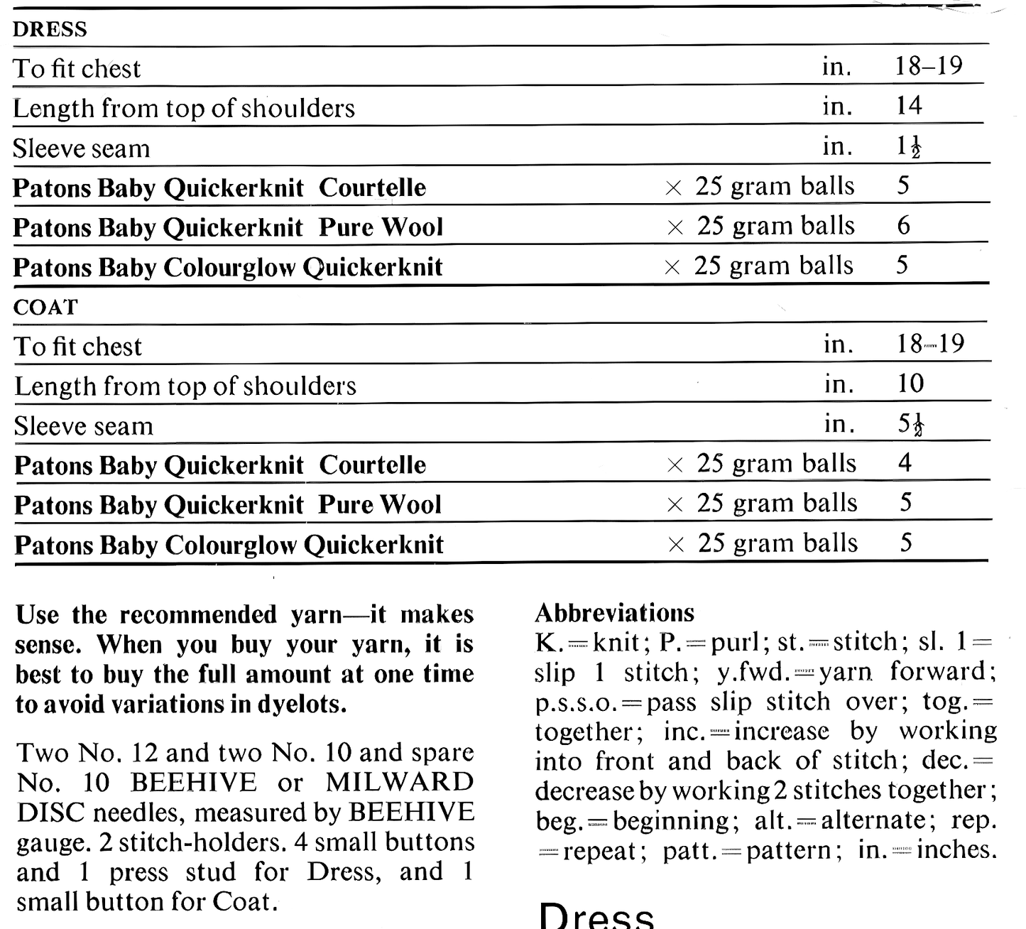 Materials and measurements for baby dress and matinee coat vintage 1970s knitting pattern – DK, 18/19 inches, 6/9 months