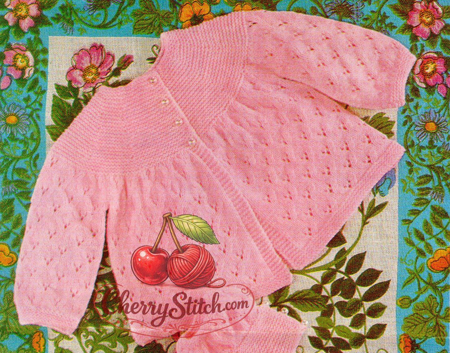 Close-up of knitted baby matinee coat with garter stitch yoke and eyelet lace body – restored vintage 1980s pattern