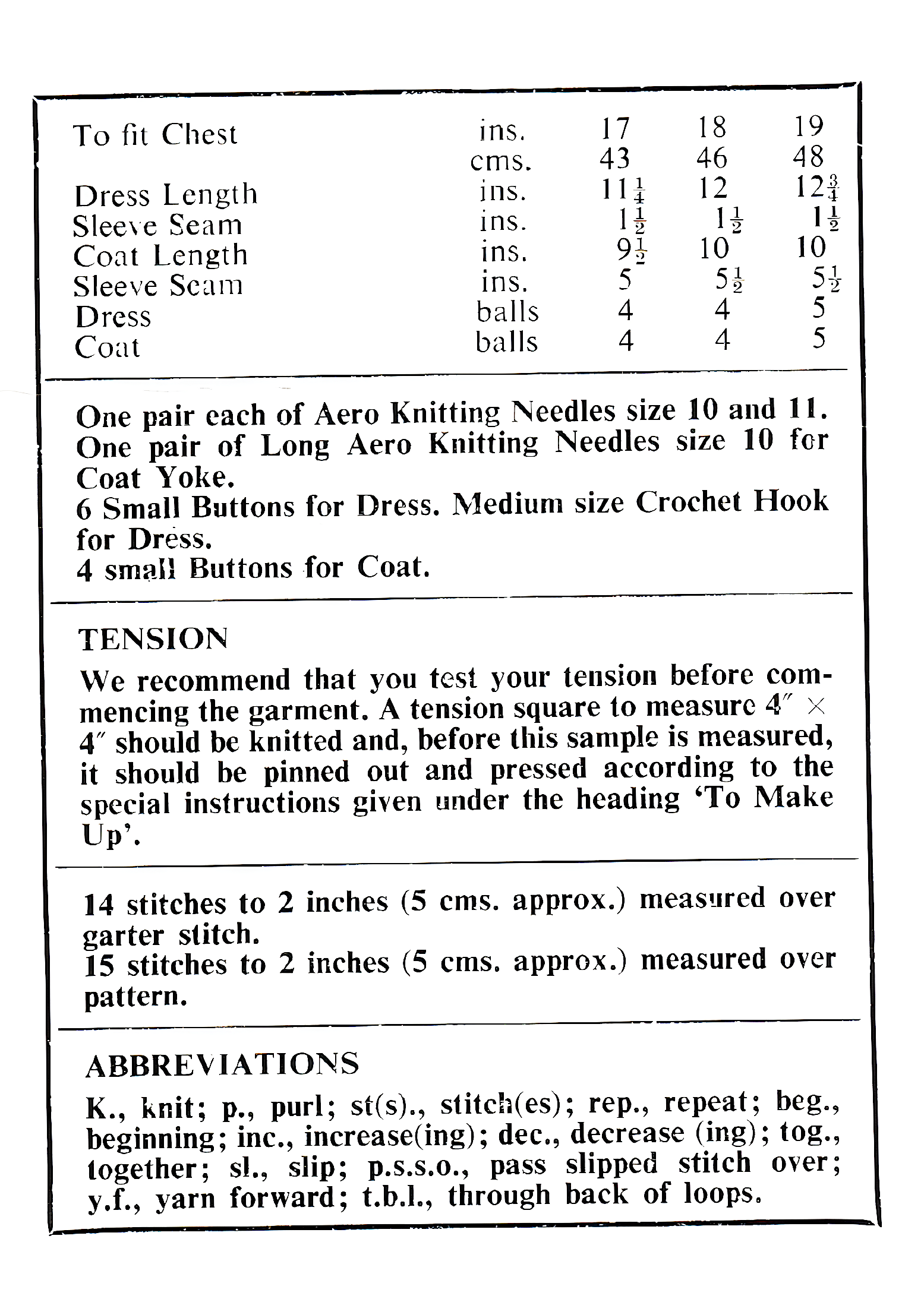 Materials, yarn requirements, tension and measurements for vintage 1980s baby dress and matinee coat knitting pattern