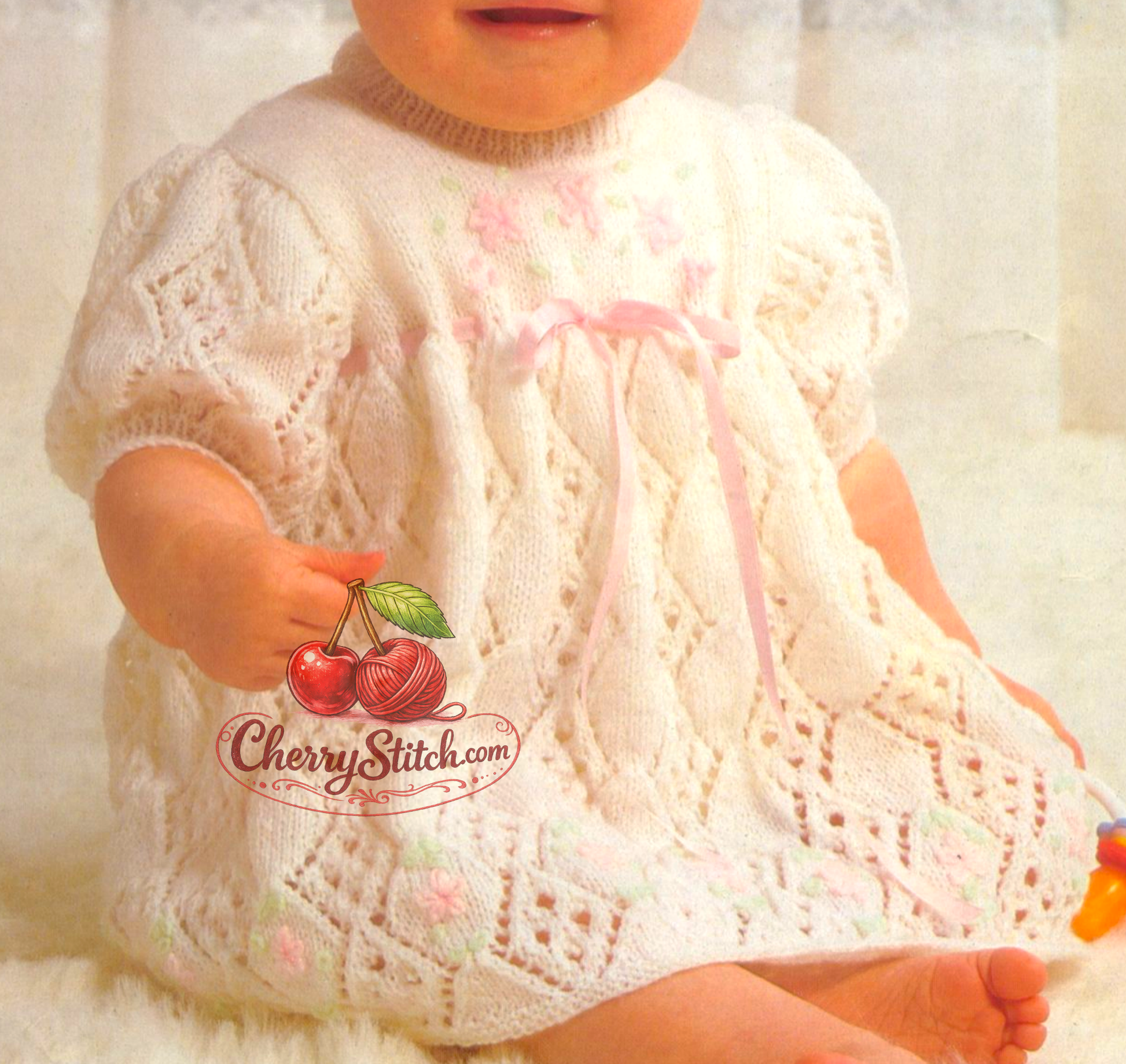 Close-up of eyelet diamond lace skirt and puffed lace sleeves – restored vintage 1980s baby dress knitting pattern in 3-ply