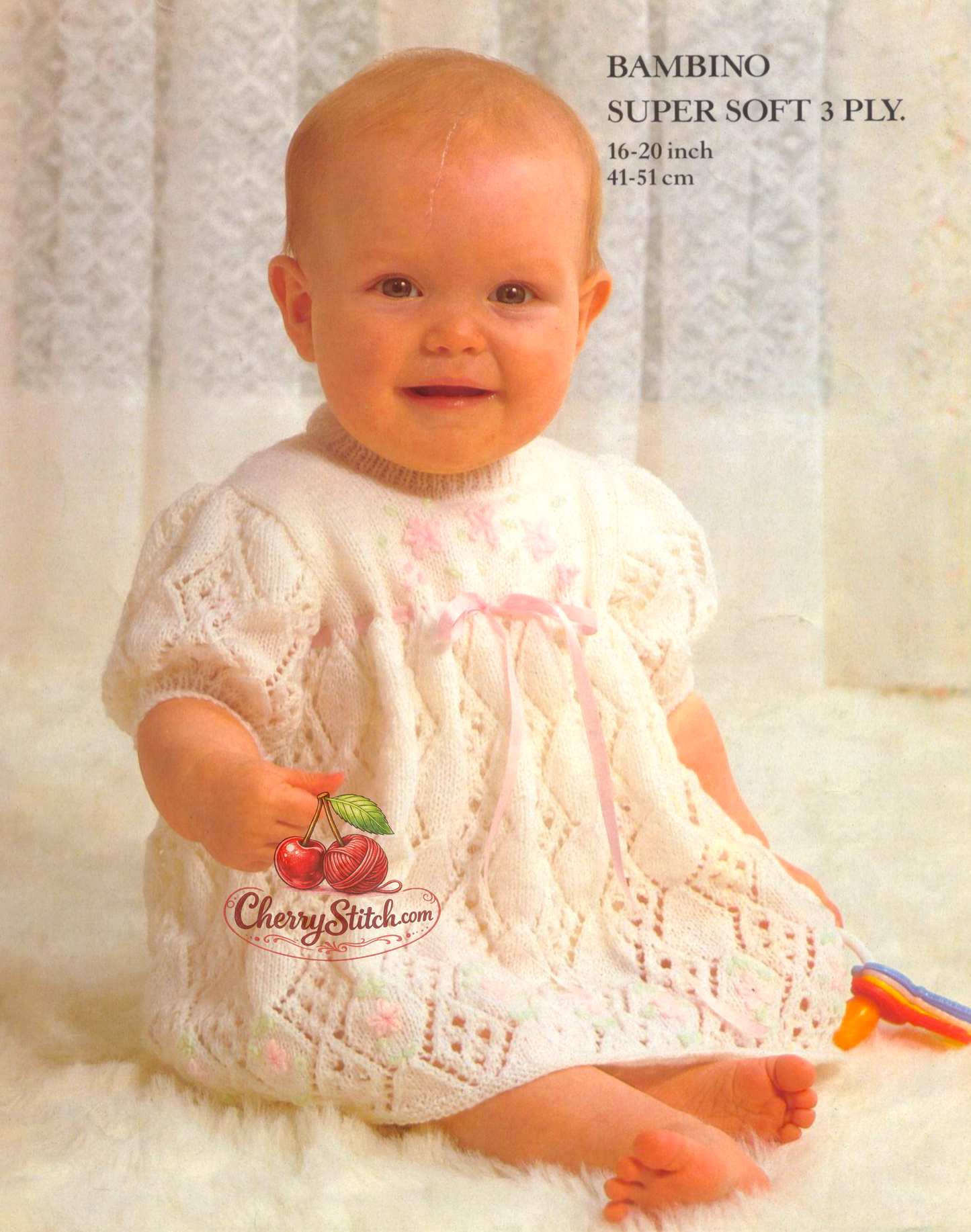 Vintage 1980s baby dress knitting pattern – empire waist, eyelet diamond lace skirt and sleeves, 3-ply, 3 sizes 16''–20''