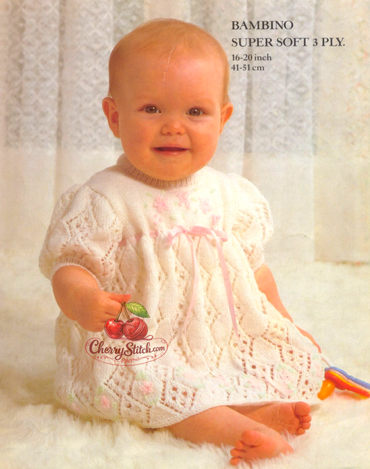 Vintage 1980s baby dress knitting pattern – empire waist, eyelet diamond lace skirt and sleeves, 3-ply, 3 sizes 16''–20''