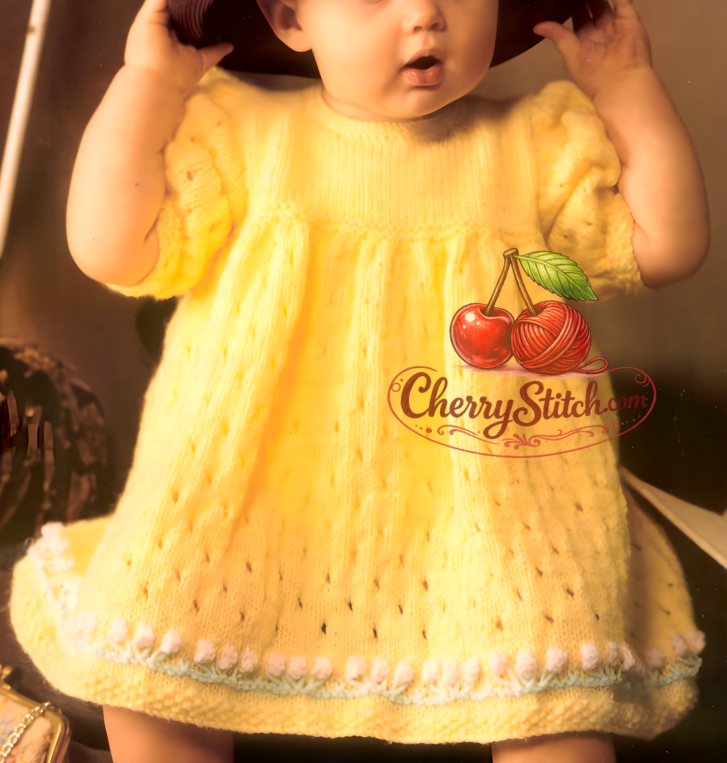 Close-up of knitted baby dress with eyelet lace skirt, puffy sleeves and flower bobble hem – restored vintage 1990s pattern