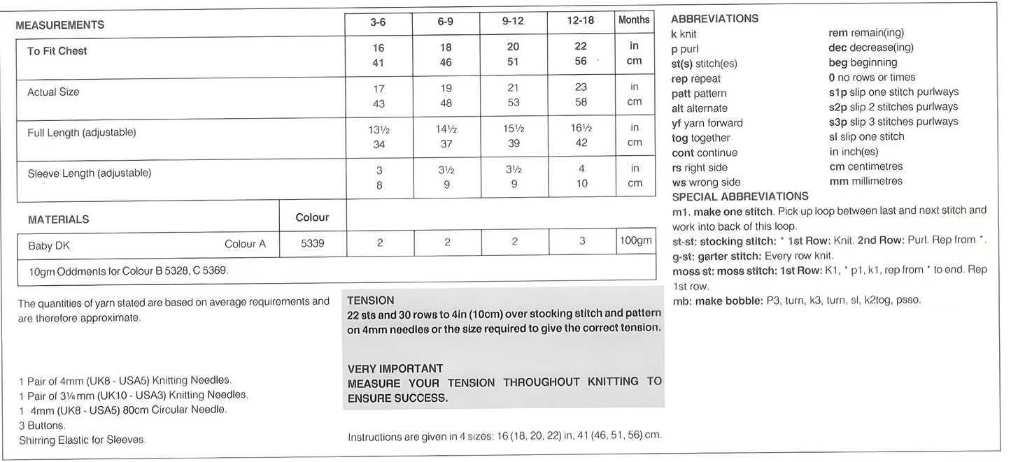 Materials, yarn requirements and measurements for vintage 1990s baby dress knitting pattern with eyelet lace and flower bobbles
