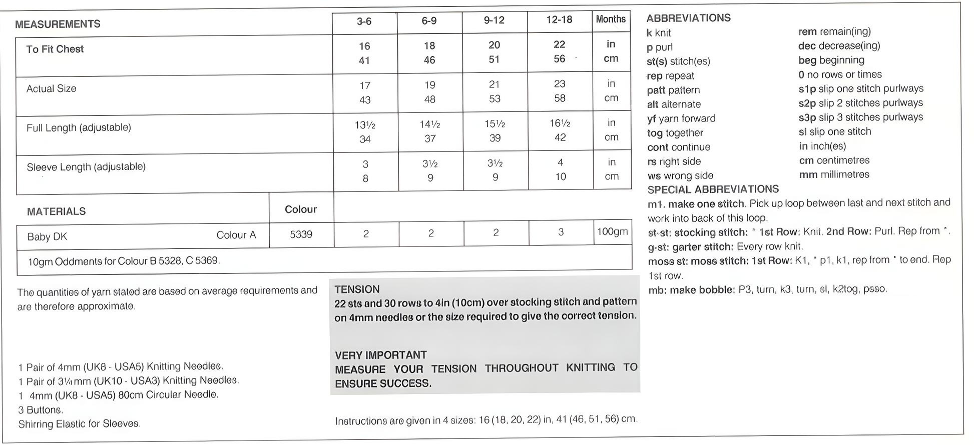 Materials, yarn requirements and measurements for vintage 1990s baby dress knitting pattern with eyelet lace and flower bobbles