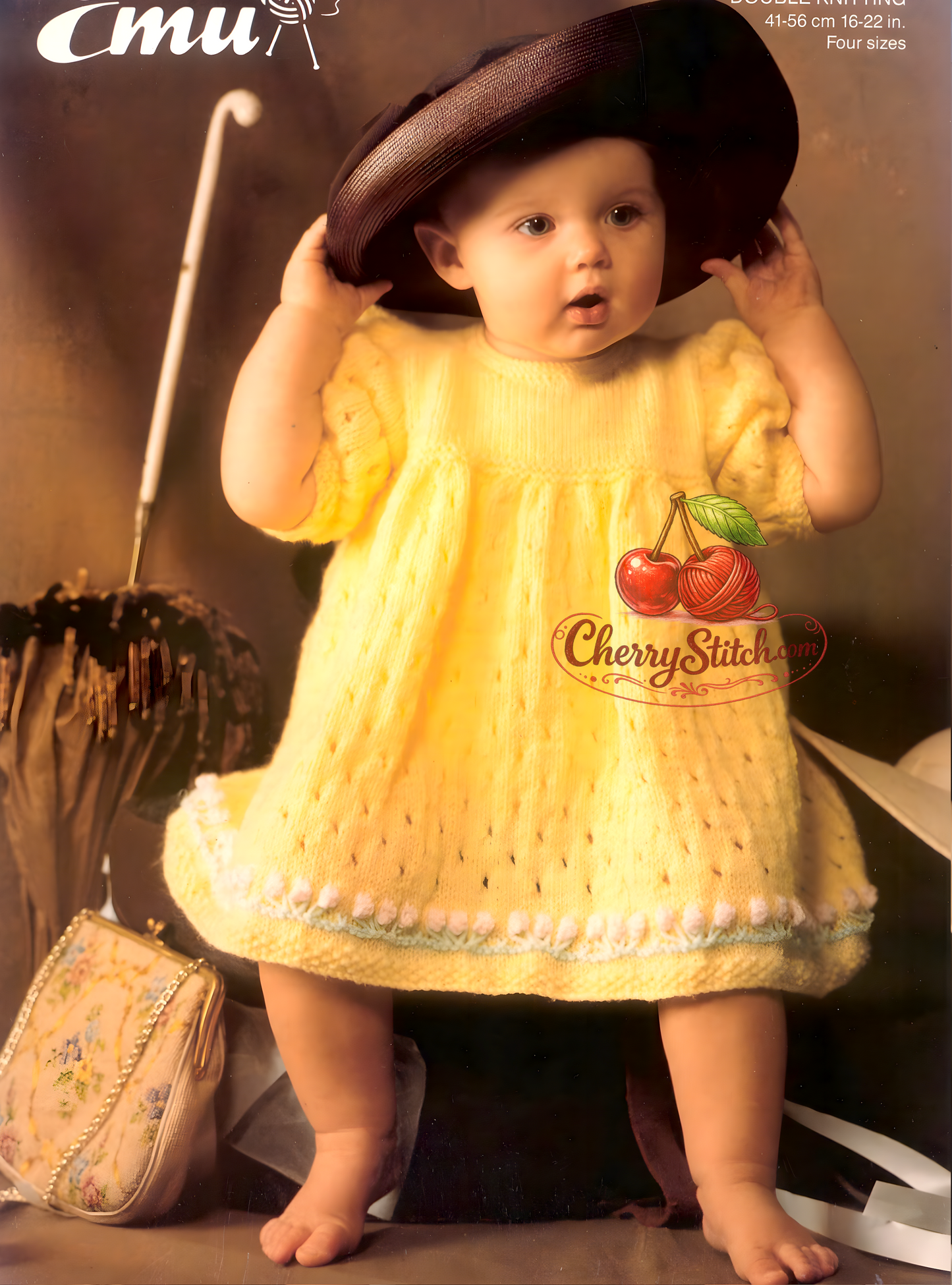Vintage 1990s baby dress knitting pattern – puffy sleeves, eyelet lace skirt and flower bobble hem in DK