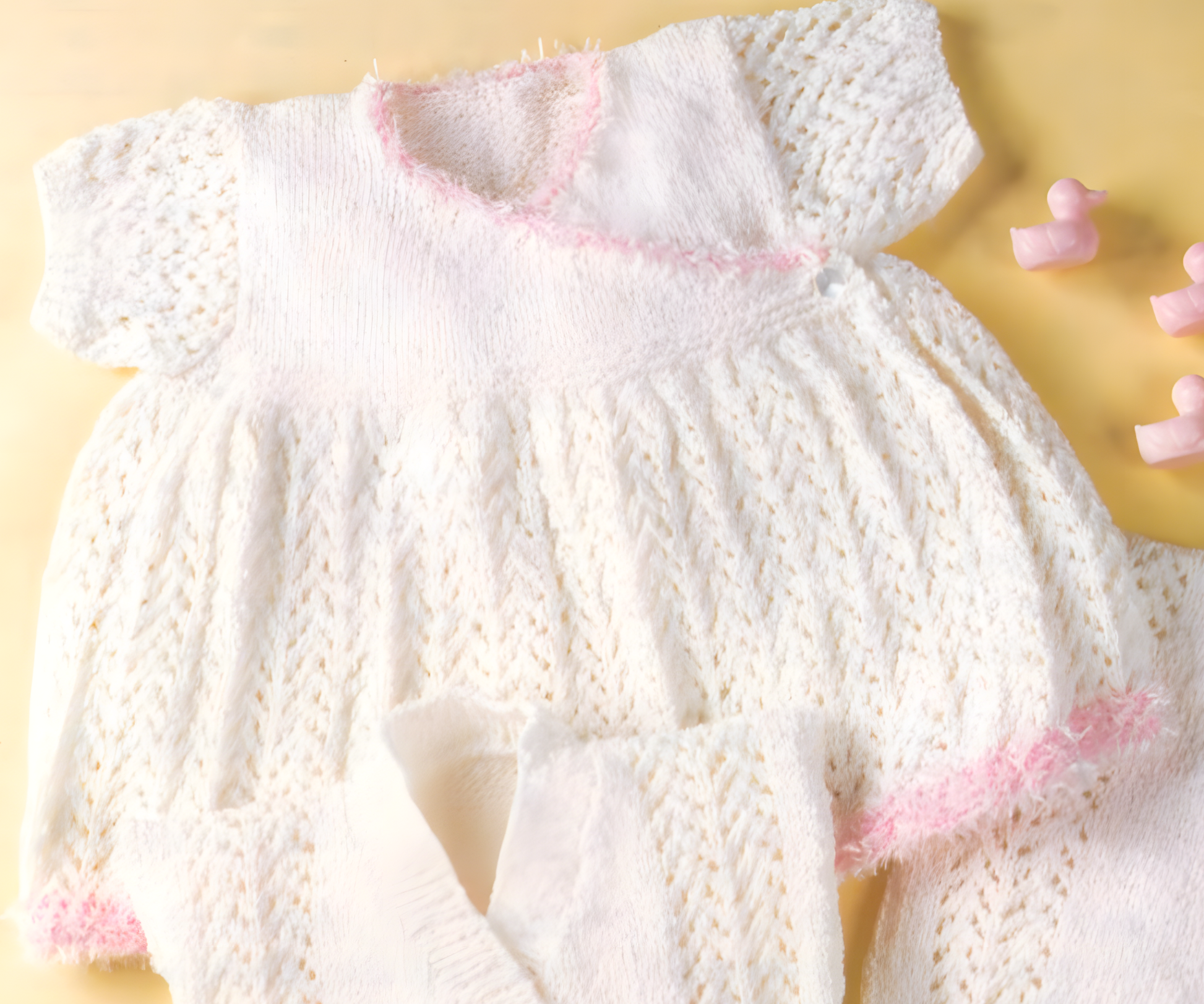 Close-up of knitted baby short-sleeved wrap dress – restored vintage 1970s lacy knitting pattern in DK
