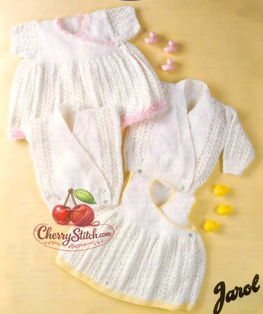 Vintage 1970s baby wrap lacy dresses, cardigan and gilet knitting pattern – 4 sizes, birth to 2 years in DK