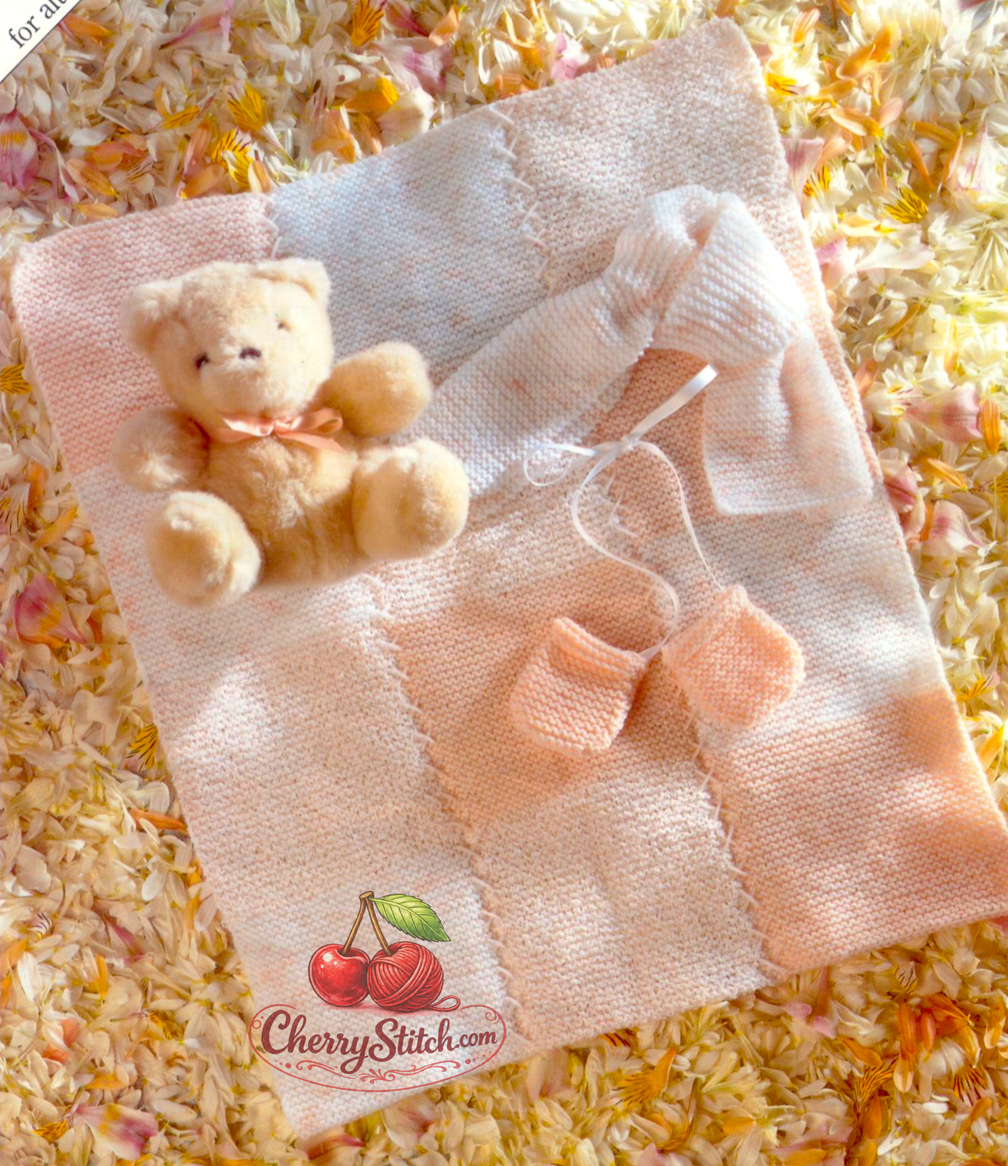 Baby garter stitch blanket, scarf and mittens – restored vintage 1980s 6-piece layette knitting pattern in DK, premature–12 months. Large print