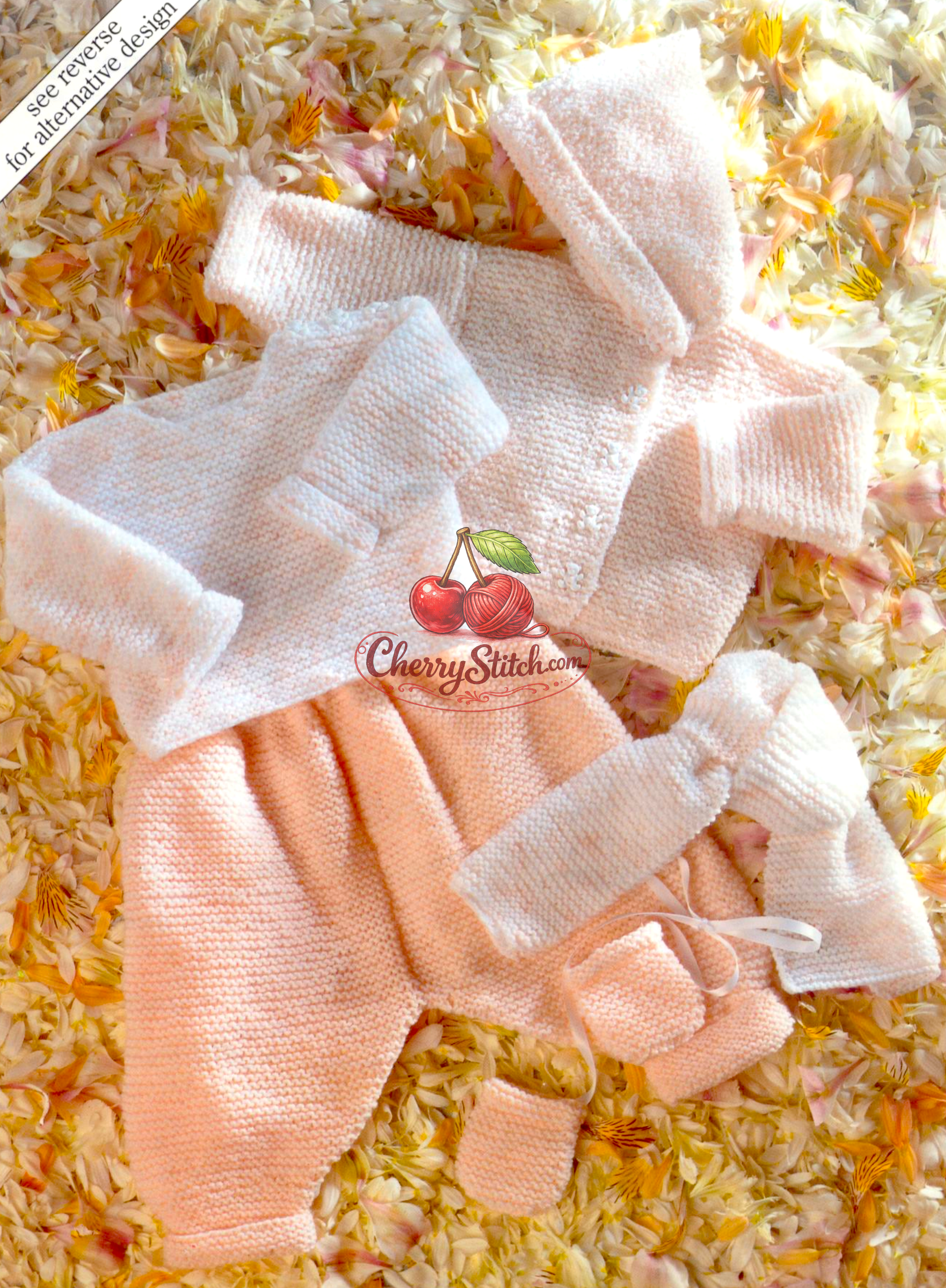 Baby 6-piece garter stitch layette – restored vintage 1980s knitting pattern, hooded jacket, sweater, trousers, scarf and mittens, DK, premature–12 months. Large print