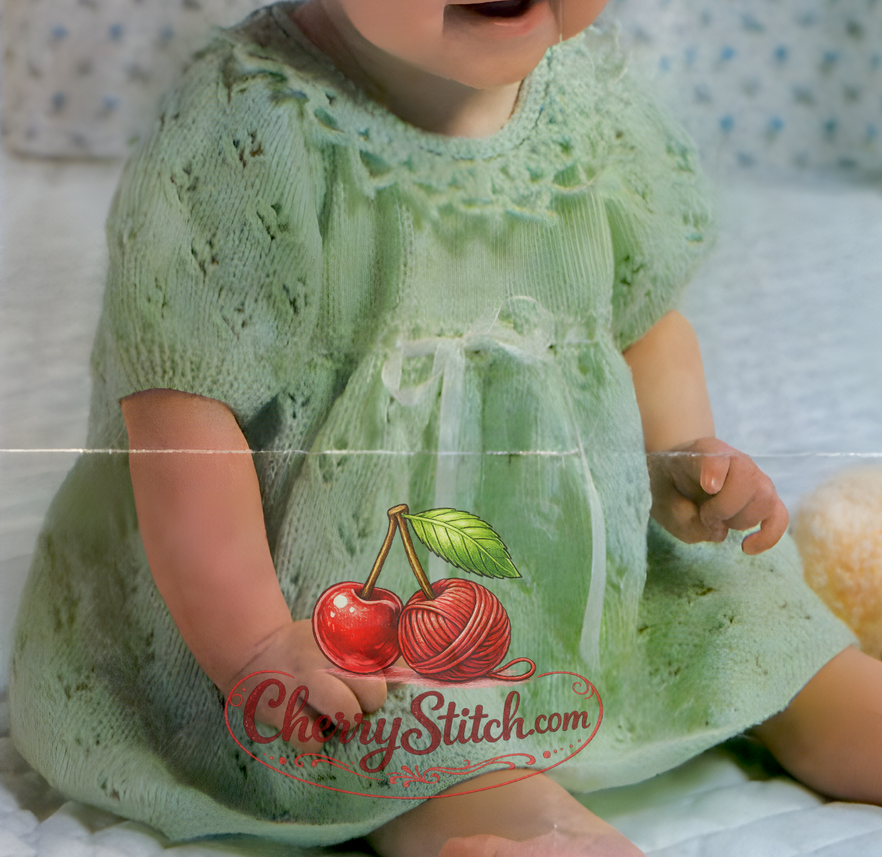Close-up of knitted baby girl lacy short-sleeved dress with crochet collar – restored vintage 1970s pattern in 4-ply