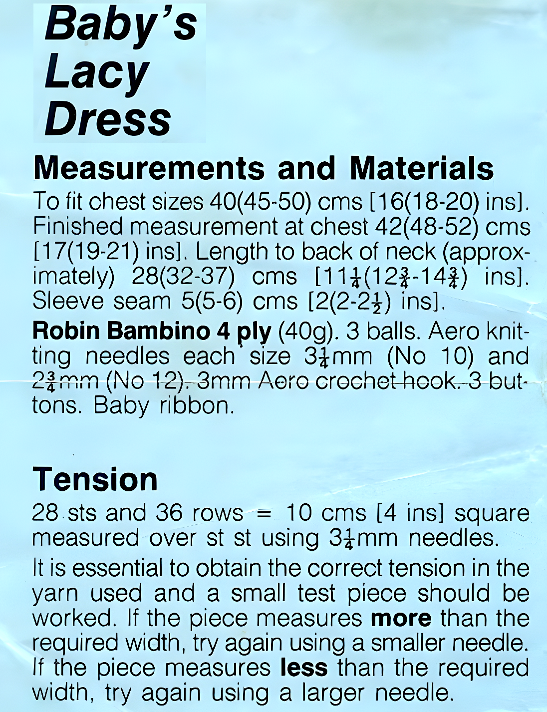 Materials, yarn requirements and measurements for vintage 1970s baby girl lacy dress knitting pattern with crochet collar
