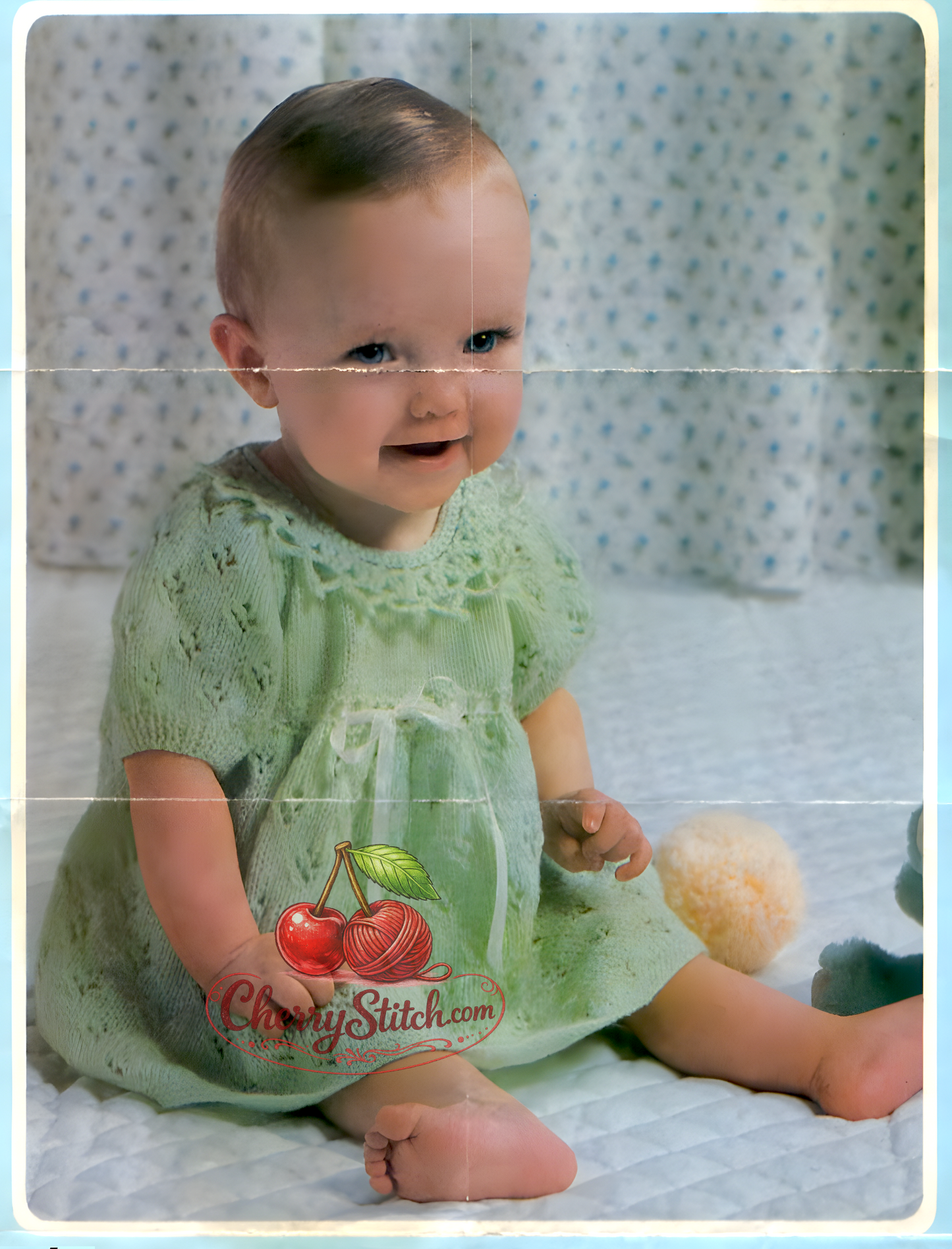 Vintage 1970s baby girl lacy short-sleeved dress knitting pattern with crochet collar – 3 sizes, birth to 12 months, 4-ply