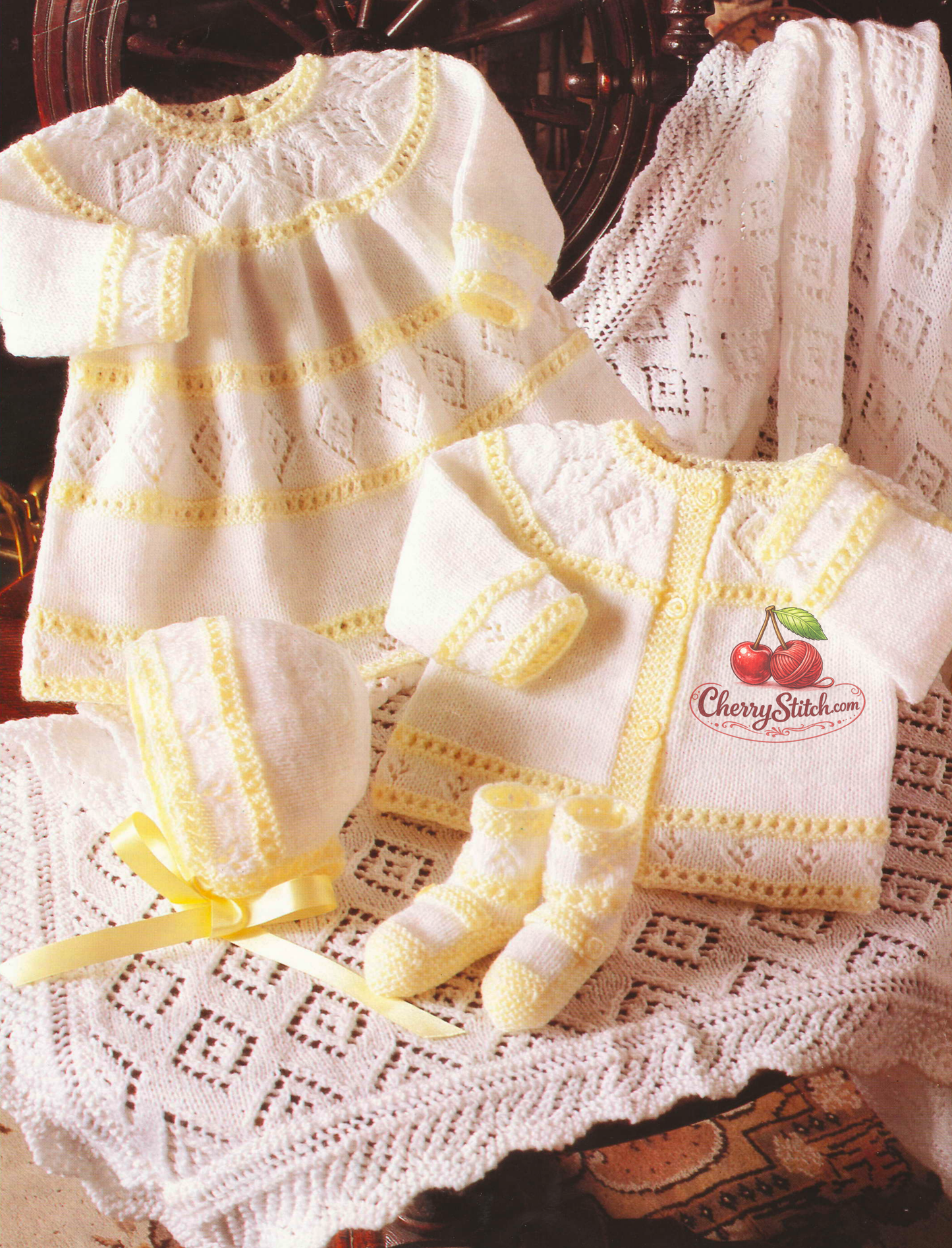 Vintage 1980s baby girl lacy diamond layette knitting pattern – dress, cardigan, bonnet, bootees and shawl in white and yellow 4-ply