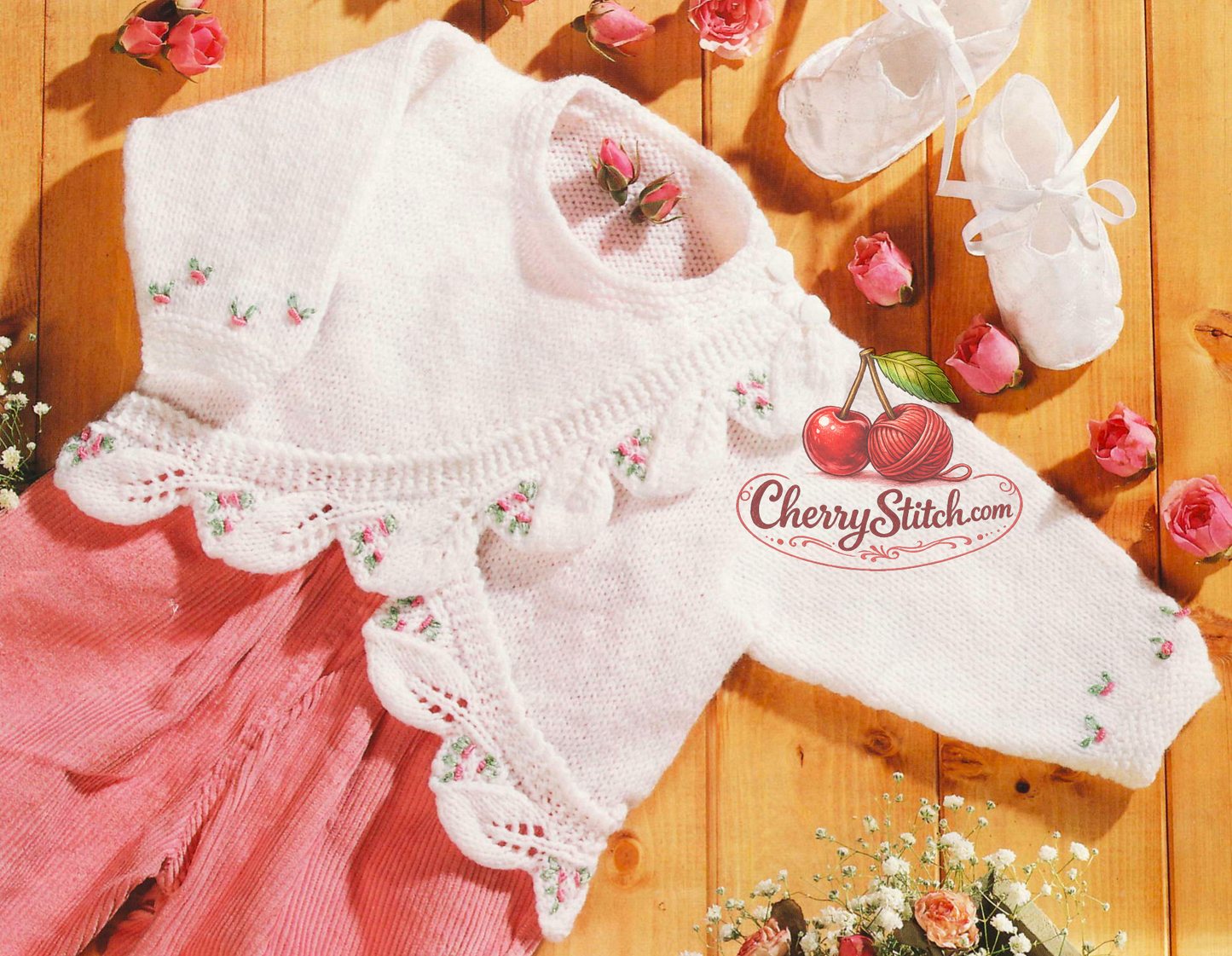Close-up of baby girl leaf border matinee coat scalloped lace hem and crossover front – vintage 1990s knitting pattern DK