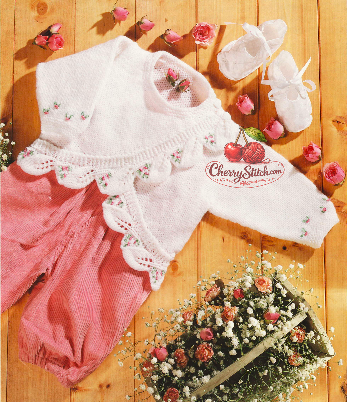 Baby girl leaf border matinee coat vintage knitting pattern 1990s – scalloped lace crossover wrap DK 4 sizes