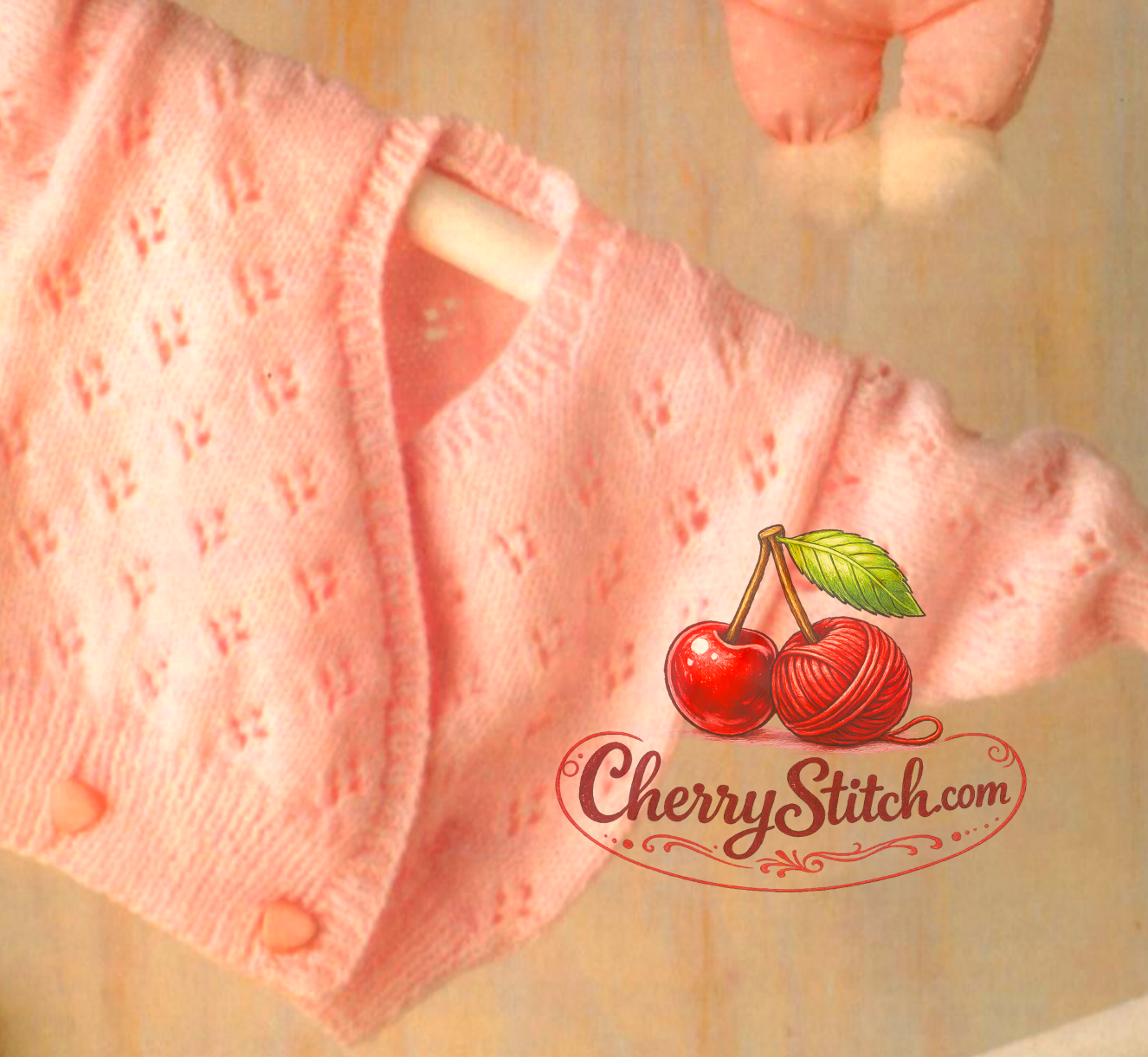 Close-up of eyelet lace texture on baby girl's crossover wrap cardigan – restored vintage 1980s knitting pattern in DK