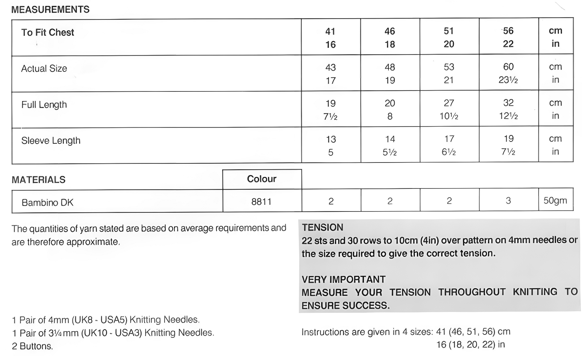 Materials, yarn requirements and measurements for vintage 1980s baby girl's crossover wrap cardigan lace knitting pattern in DK