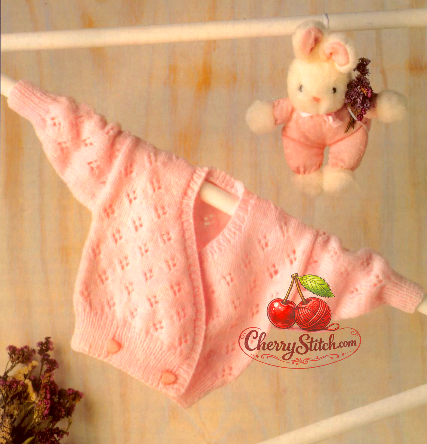 Vintage 1980s baby girl's crossover wrap cardigan knitting pattern – all-over eyelet lace, DK, 4 sizes 16''–22''