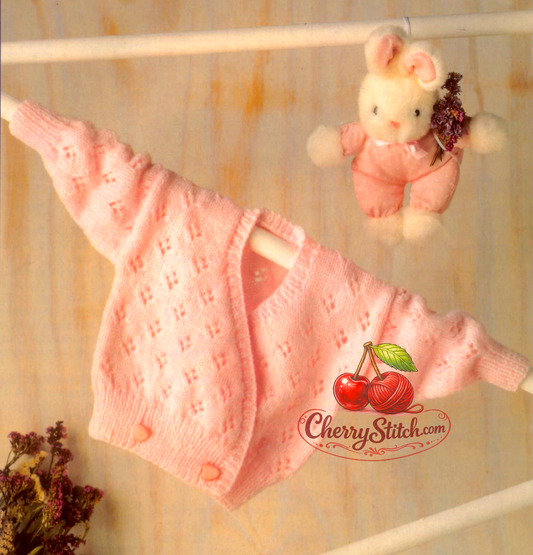Vintage 1980s baby girl's crossover wrap cardigan knitting pattern – all-over eyelet lace, DK, 4 sizes 16''–22''