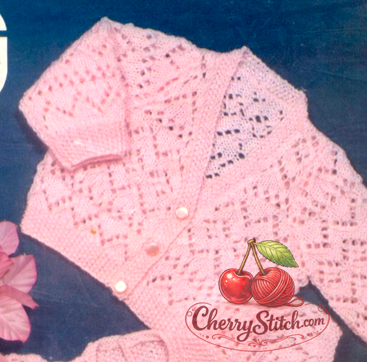 Close-up of all-over openwork lace V-neck cardigan – restored vintage 1960s baby girl's knitting pattern in 4-ply