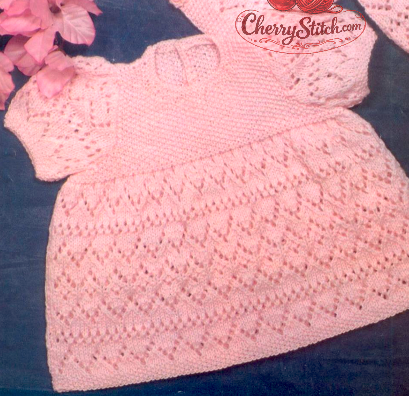 Close-up of openwork lace empire waist dress with puffy sleeves – restored vintage 1960s baby girl's knitting pattern in 4-ply