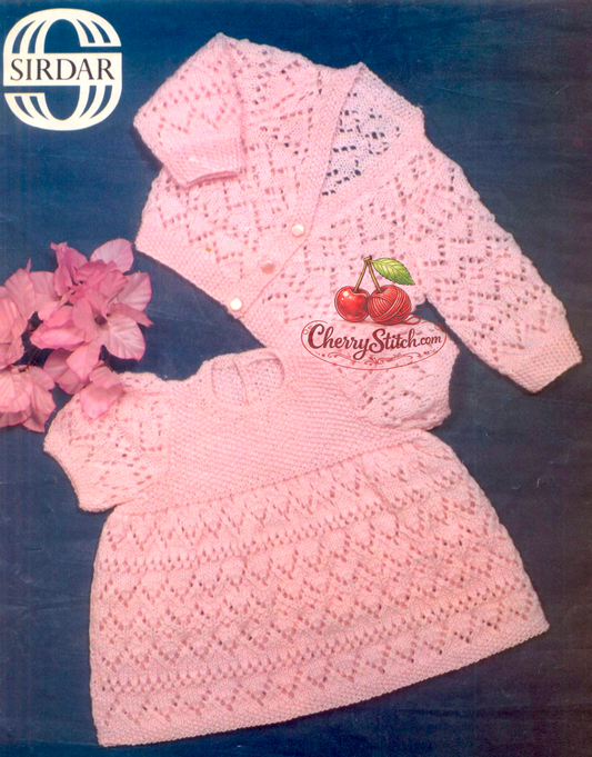 Vintage 1960s baby girl's lacy dress and cardigan set knitting pattern – openwork lace, empire waist, puffy sleeves, V-neck cardigan, 4-ply, 3 sizes 16''–20''