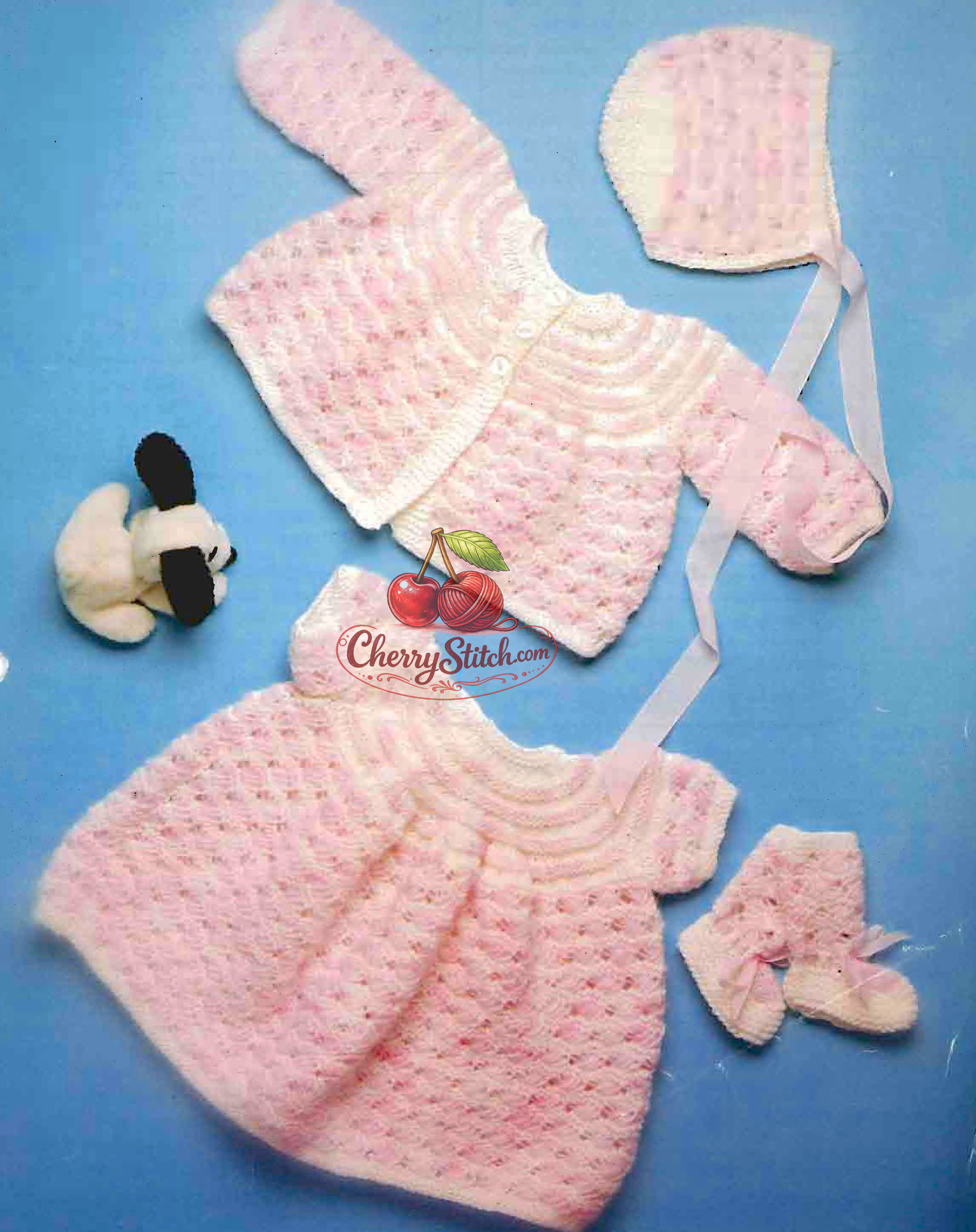 Baby girl's layette vintage knitting pattern 1980s – dress matinee coat bonnet bootees four-piece set DK