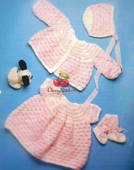 Baby girl's layette vintage knitting pattern 1980s – dress matinee coat bonnet bootees four-piece set DK