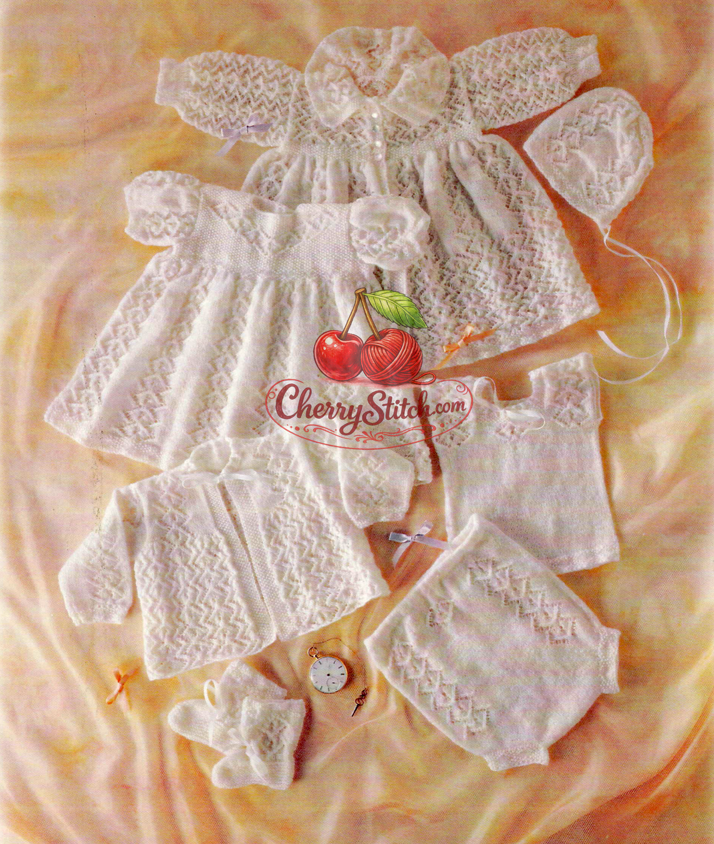 Vintage 1980s baby heirloom christening layette knitting pattern – 7-piece Victorian butterfly diamond lace set, 2-ply, 0–3 months