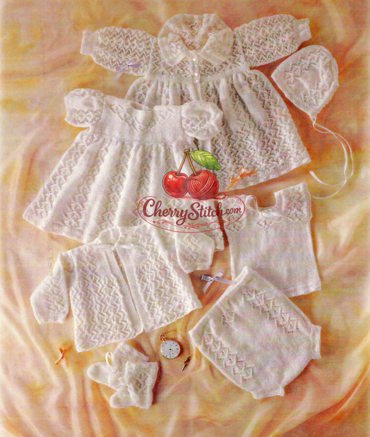 Vintage 1980s baby heirloom christening layette knitting pattern – 7-piece Victorian butterfly diamond lace set, 2-ply, 0–3 months