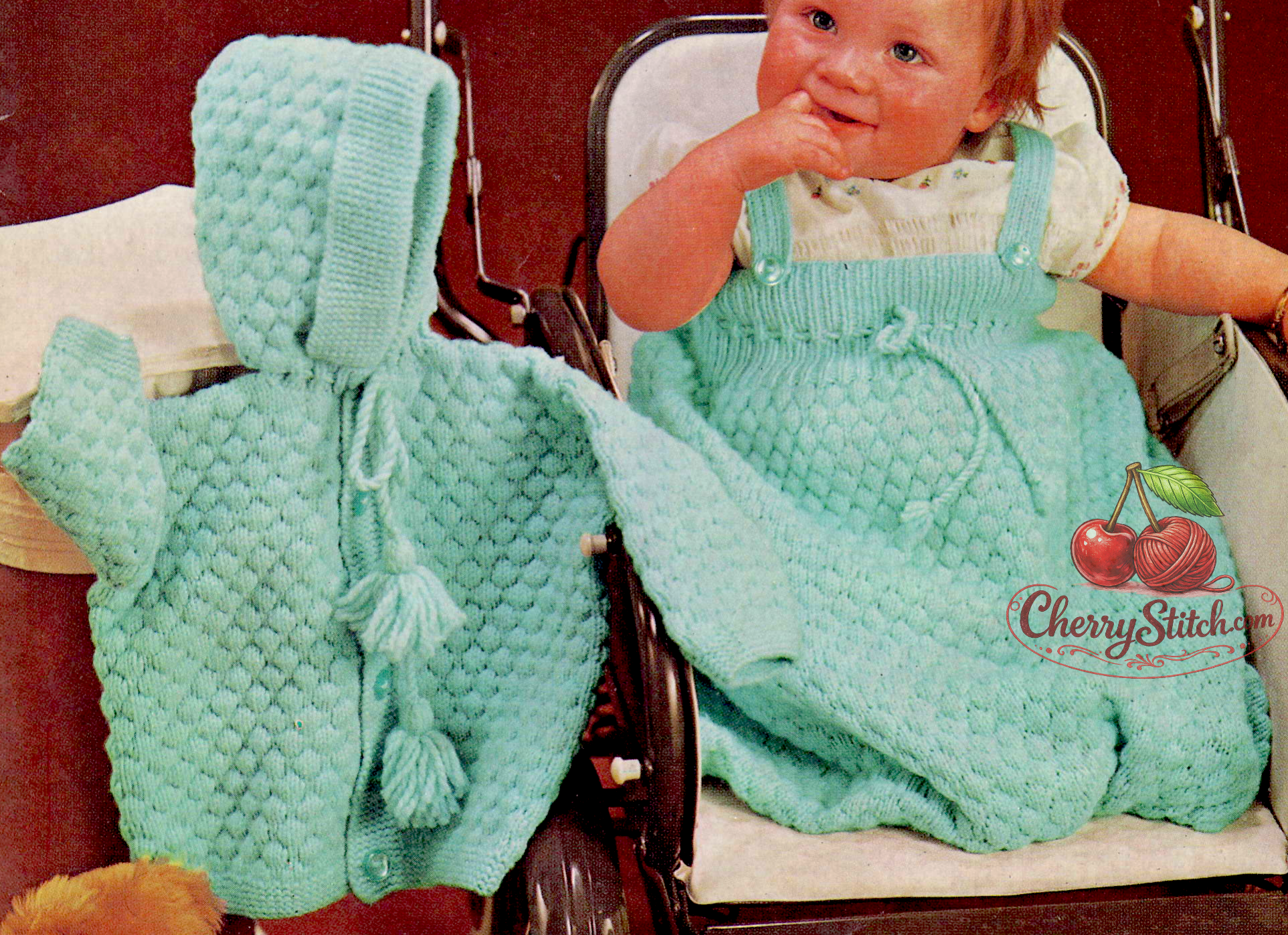 Close-up of matching textured stitch on baby hooded cardigan and sleeping bag – restored vintage 1960s knitting pattern