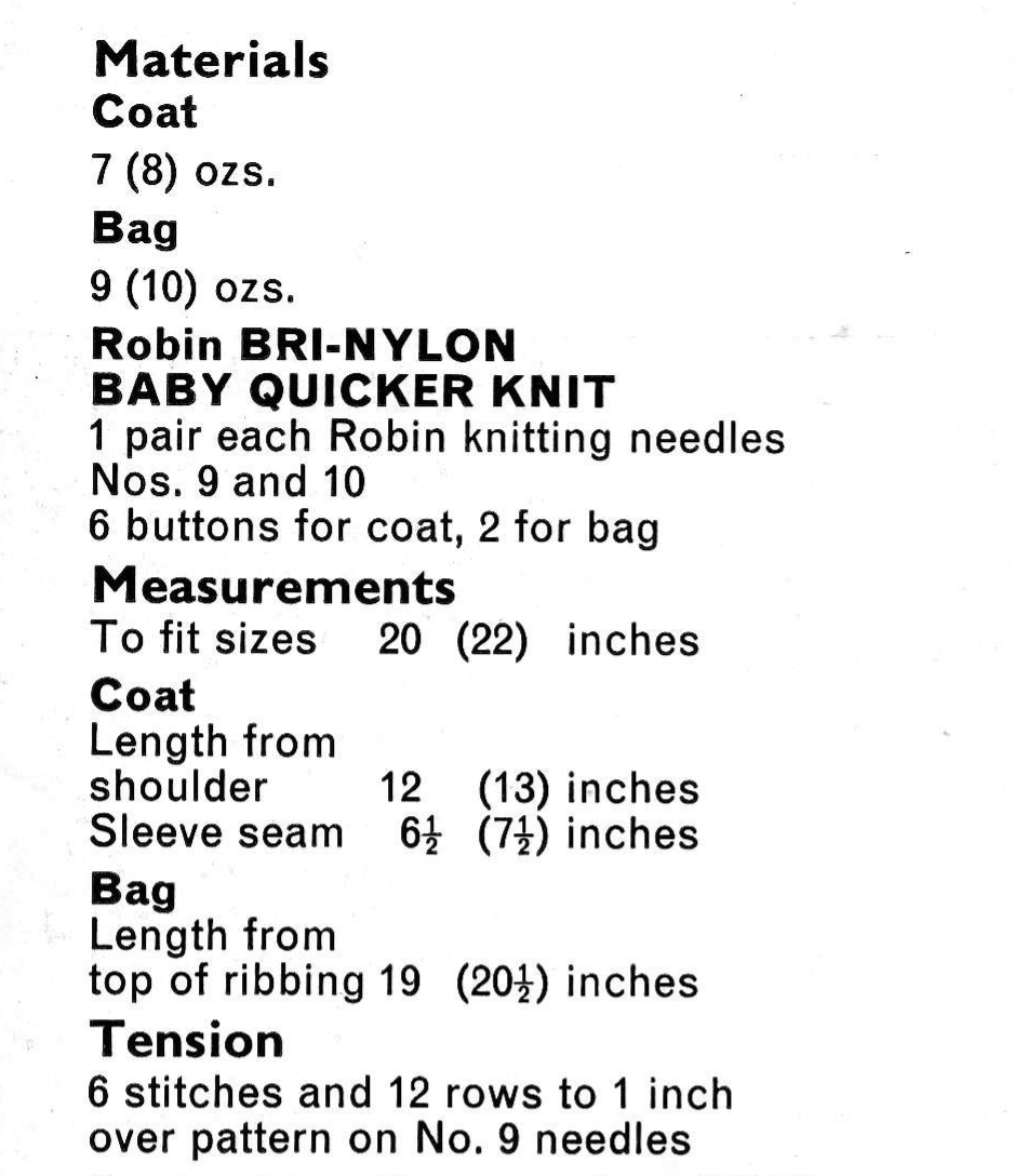 Materials and yarn requirements for vintage 1960s baby hooded cardigan and sleeping bag set knitting pattern – matching textured stitch, 20''–22'' cardigan, 19''–20.5'' sleeping bag