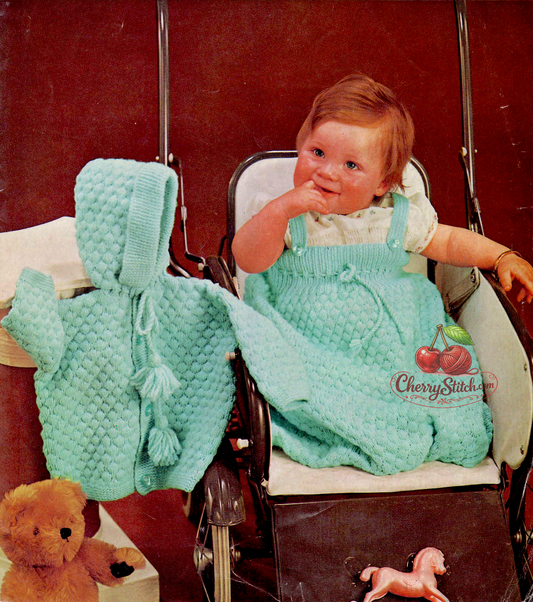 Baby hooded cardigan and sleeping bag set – restored vintage 1960s knitting pattern, matching textured stitch throughout, cardigan 20''–22'', sleeping bag 19''–20.5'', 12–24 months