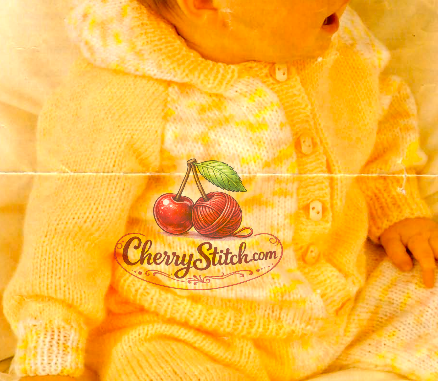 Close-up of knitted baby raglan hooded jacket – restored vintage 1970s knitting pattern in DK