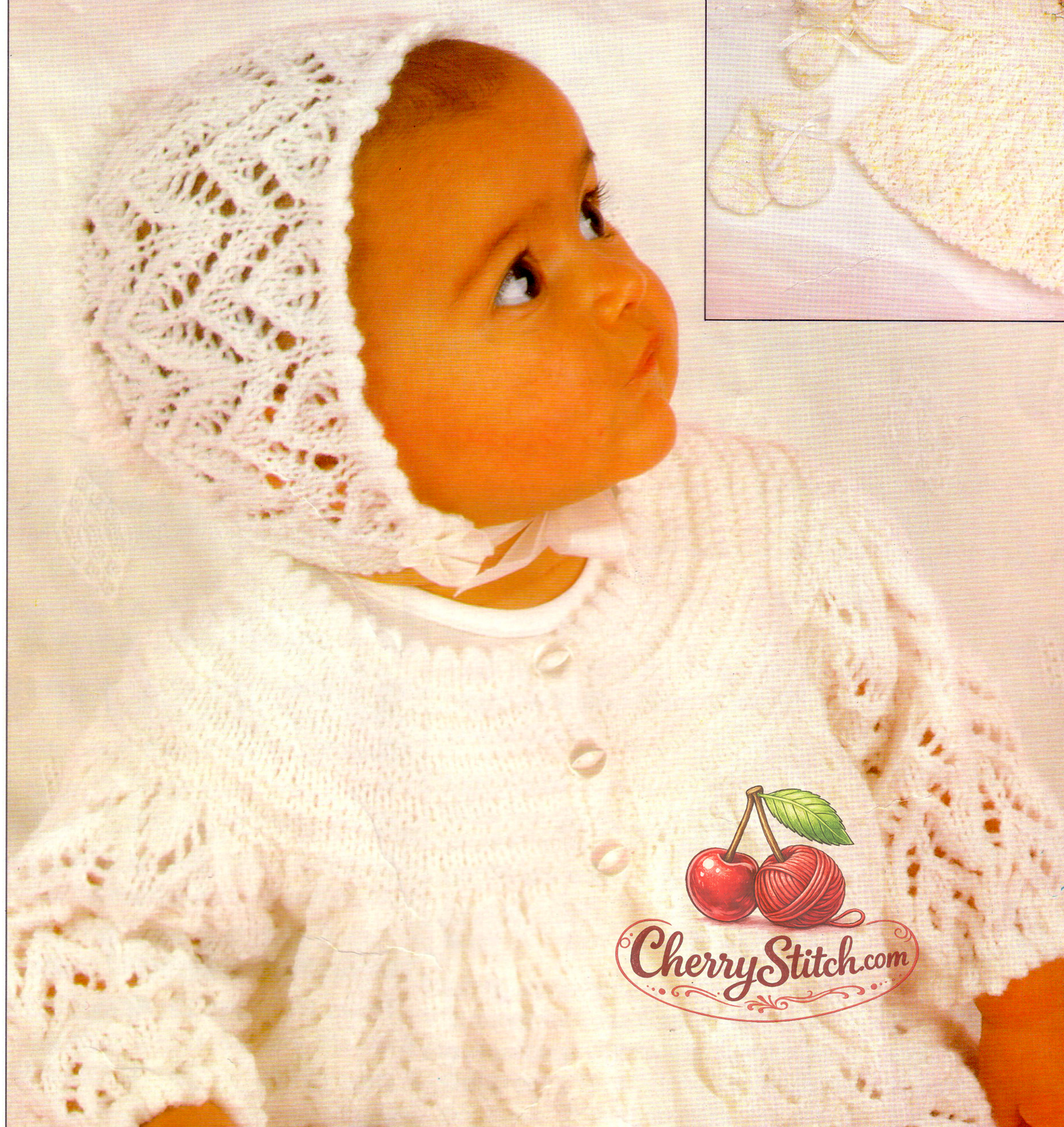 Close-up of garter stitch yoke and chevron eyelet lace detail on jacket and bonnet – restored vintage 1980s baby layette knitting pattern in 4-ply