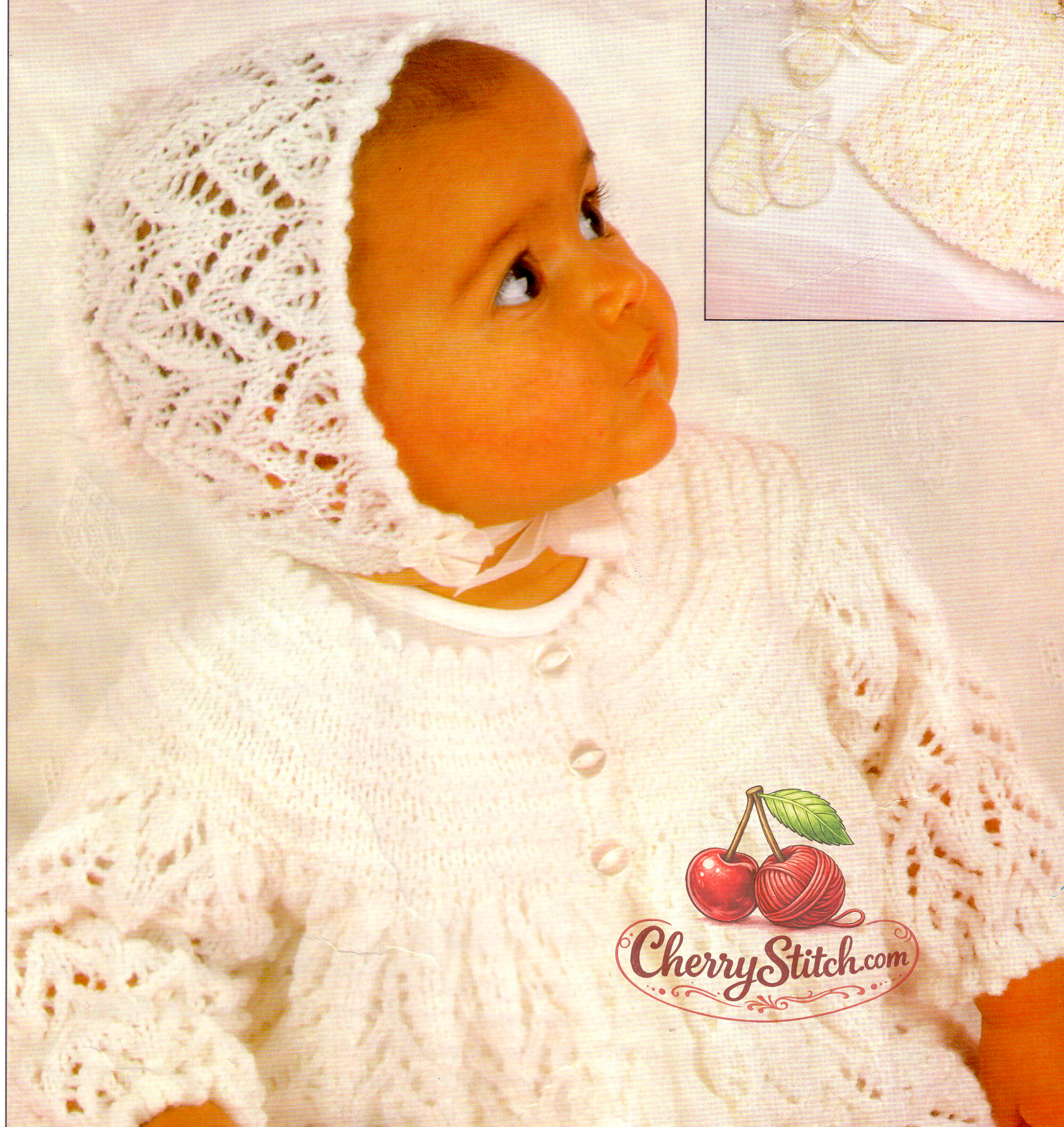 Close-up of garter stitch yoke and chevron eyelet lace detail on jacket and bonnet – restored vintage 1980s baby layette knitting pattern in 4-ply