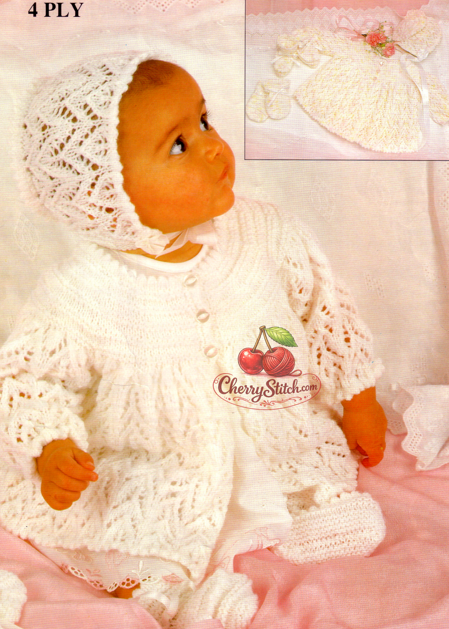 Baby 4-piece layette set – restored vintage 1980s knitting pattern with jacket, bonnet, bootees and mitts, garter stitch yoke and chevron eyelet lace, 4-ply, 18''–20'', birth–12 months