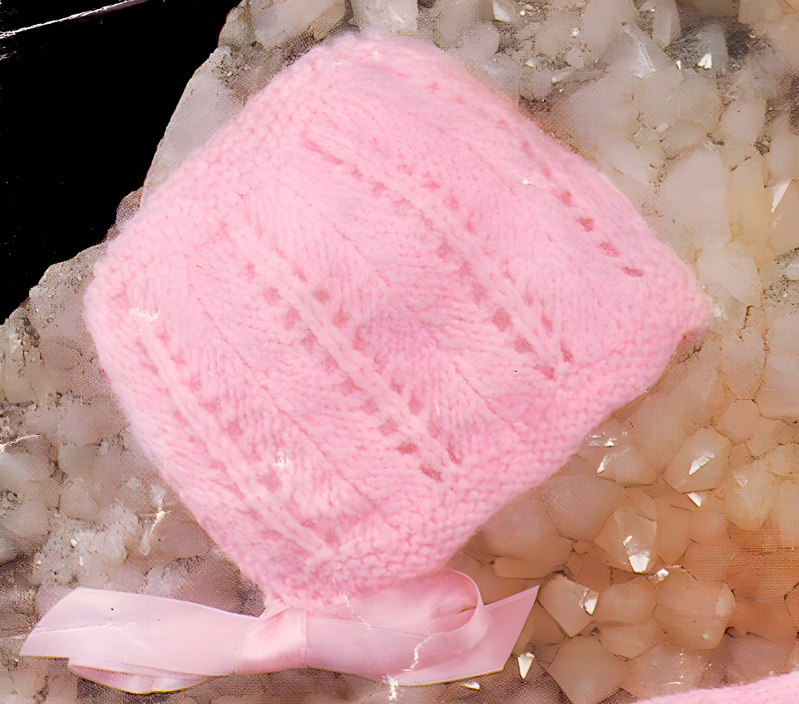 Close-up of knitted baby pink lacy bonnet – restored vintage 1980s jacket and bonnet pattern