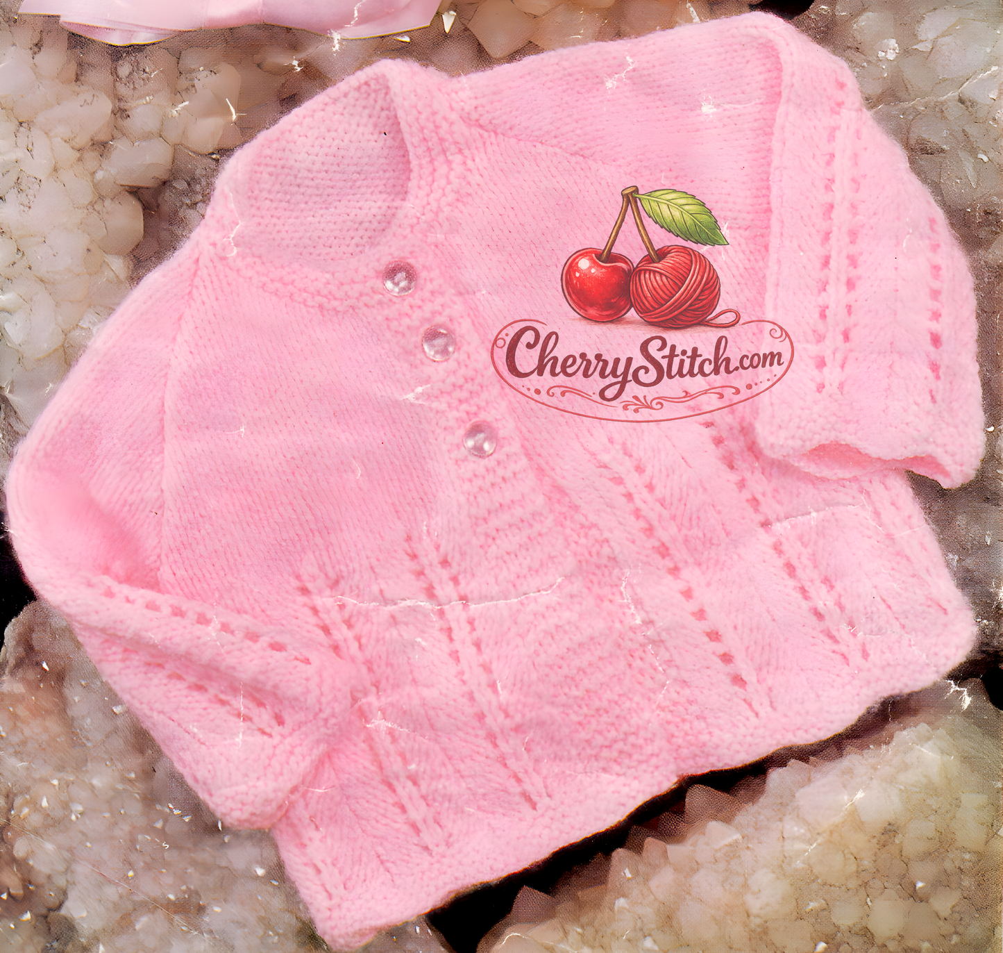 Close-up of knitted baby pink raglan jacket with lacy lower body and sleeves – restored vintage 1980s pattern
