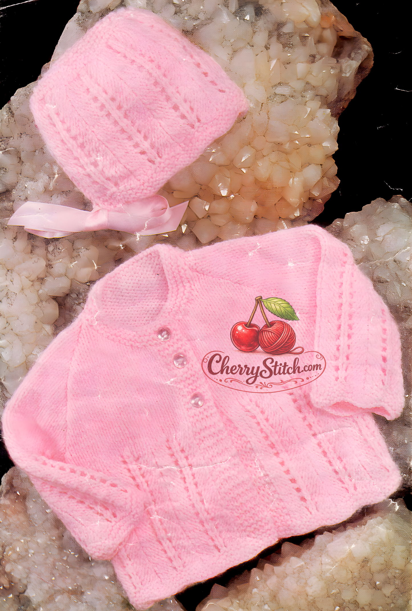 Vintage 1980s baby pink raglan jacket and bonnet knitting pattern – lacy body and sleeves in 4-Ply, DK and QK